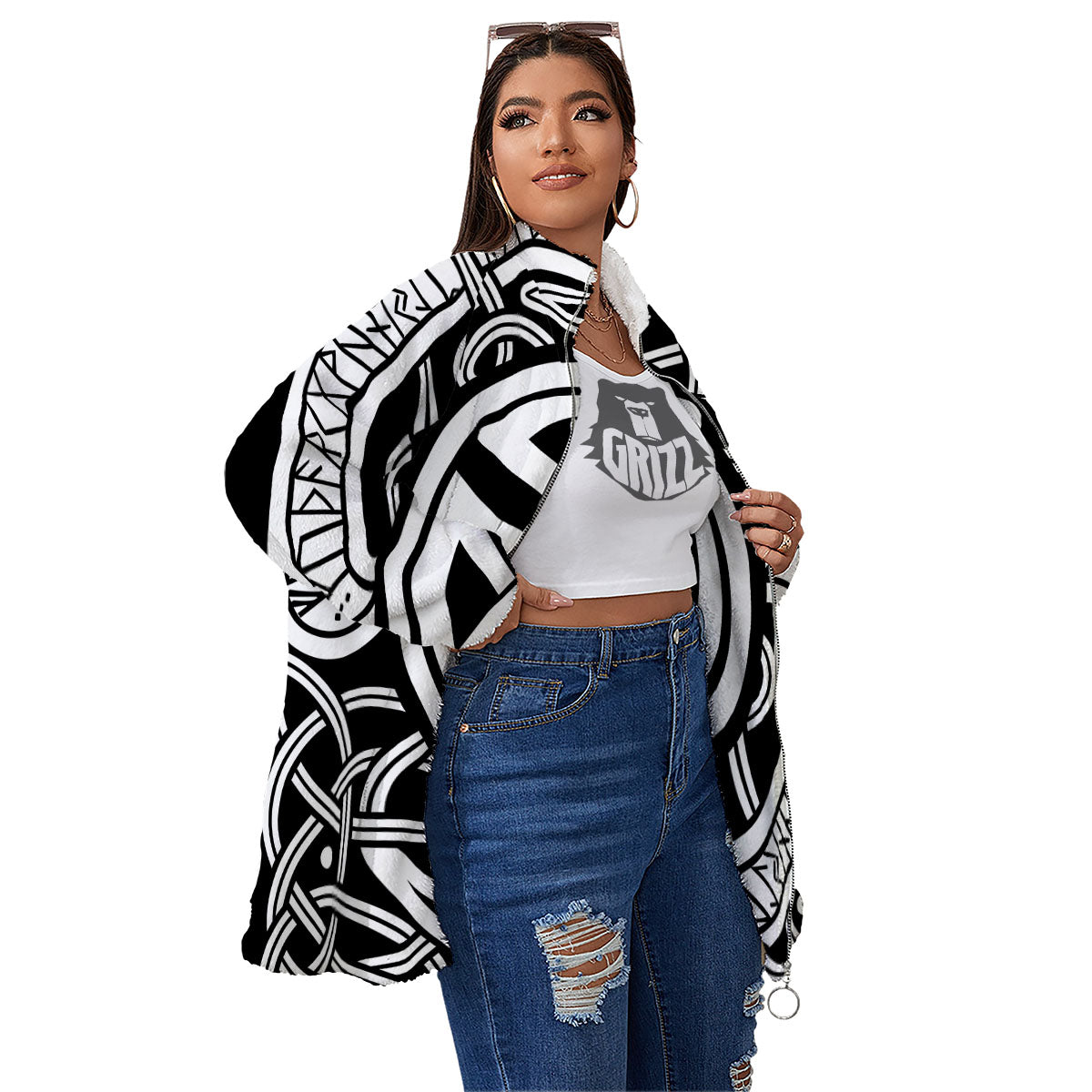 Symbol Viking Norse Runes Print Women's Sherpa Jacket-grizzshop