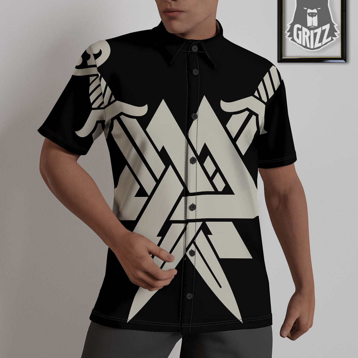 Symbol Viking Valhalla Print Untucked Shirts-grizzshop