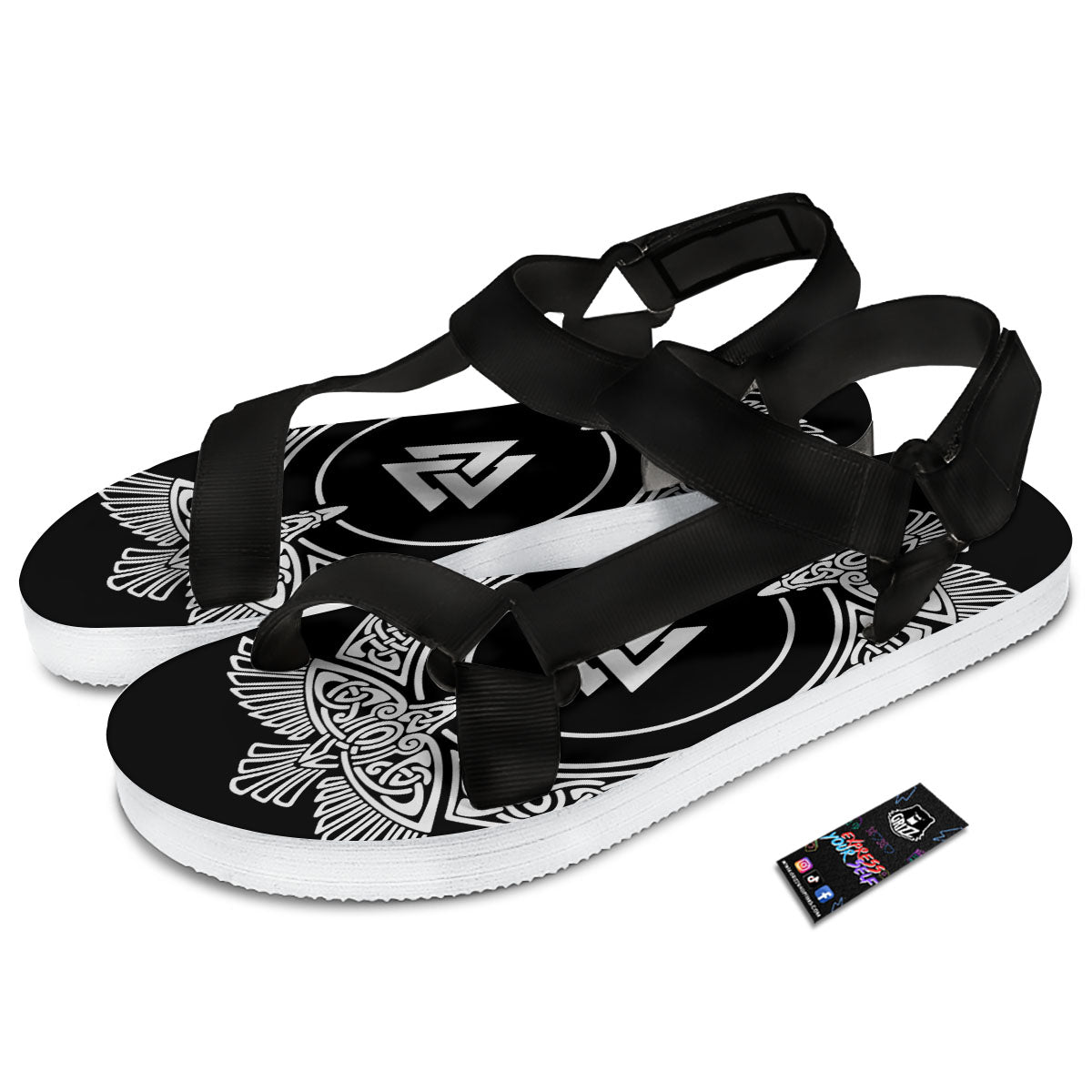 Symbol Viking Valknut Print Black Open Toe Sandals-grizzshop