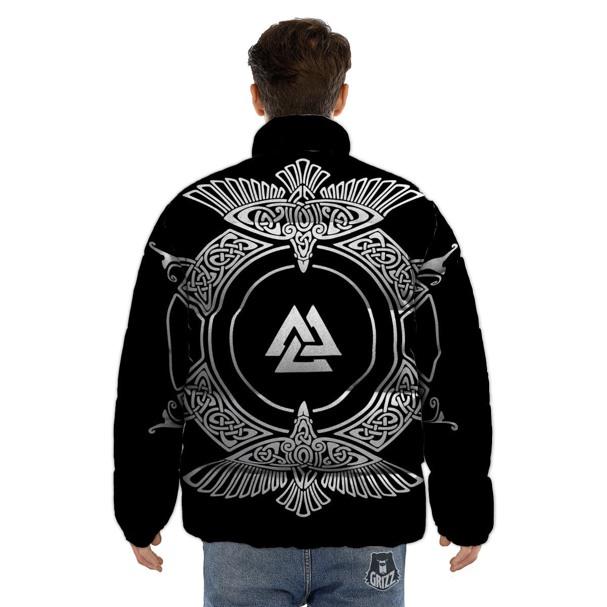 Symbol Viking Valknut Print Puffer Jacket-grizzshop