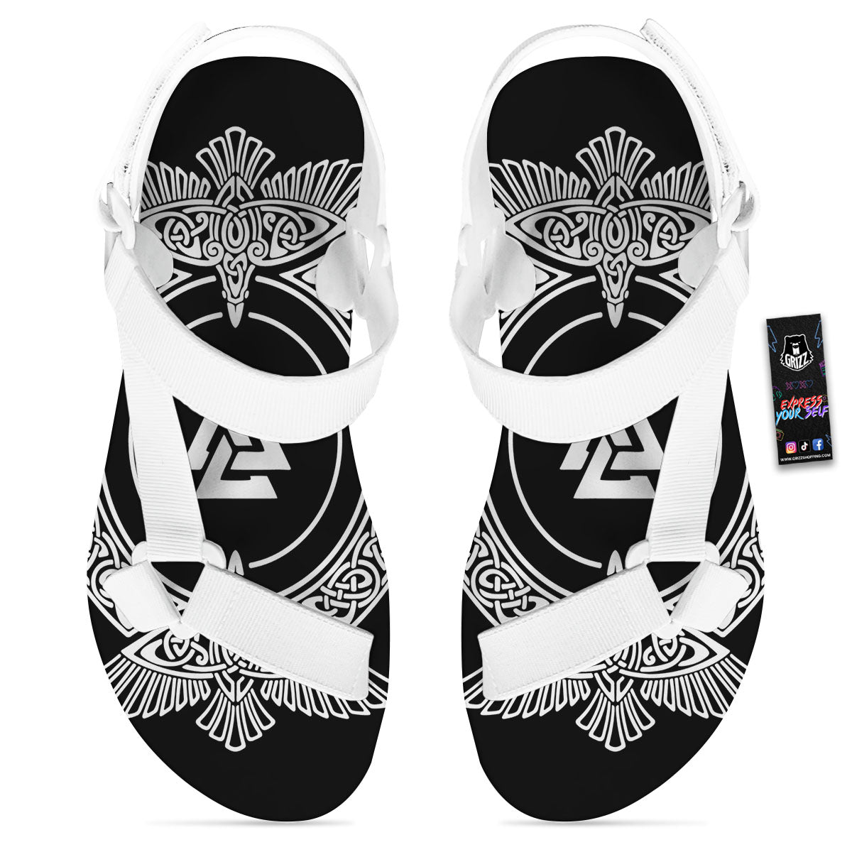 Symbol Viking Valknut Print White Open Toe Sandals-grizzshop