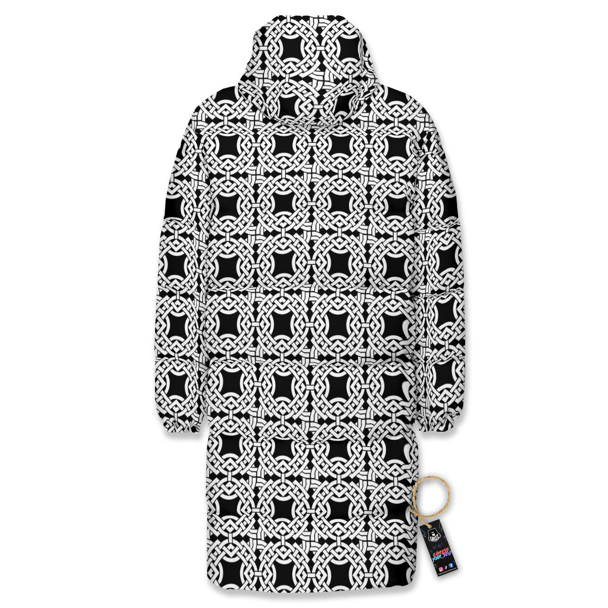 Symbol Black Celtic Print Pattern Long Down Jacket
