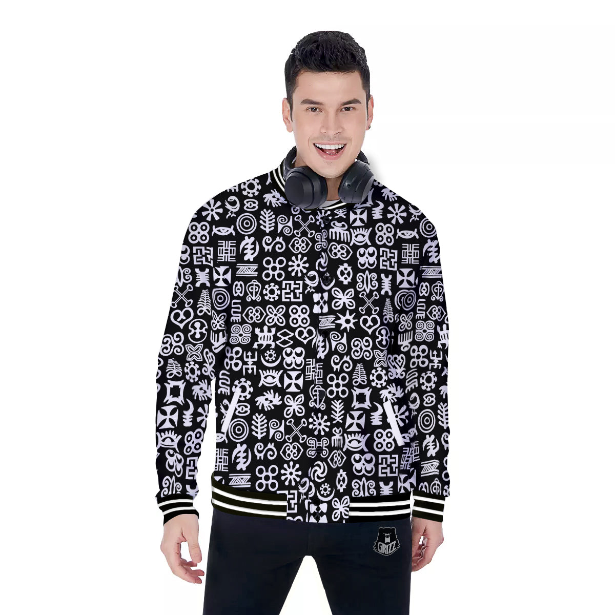 Symbols Black Adinkra Print Pattern Baseball Jacket-grizzshop