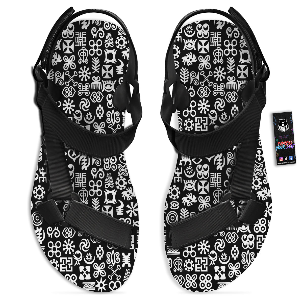Symbols Black Adinkra Print Pattern Black Open Toe Sandals-grizzshop