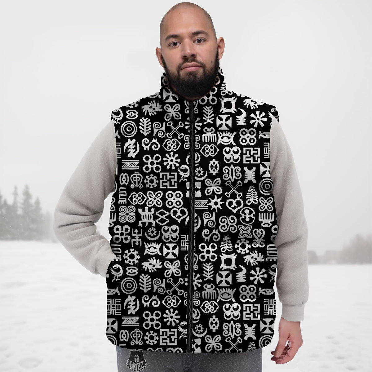 Symbols Black Adinkra Print Pattern Down Vest
