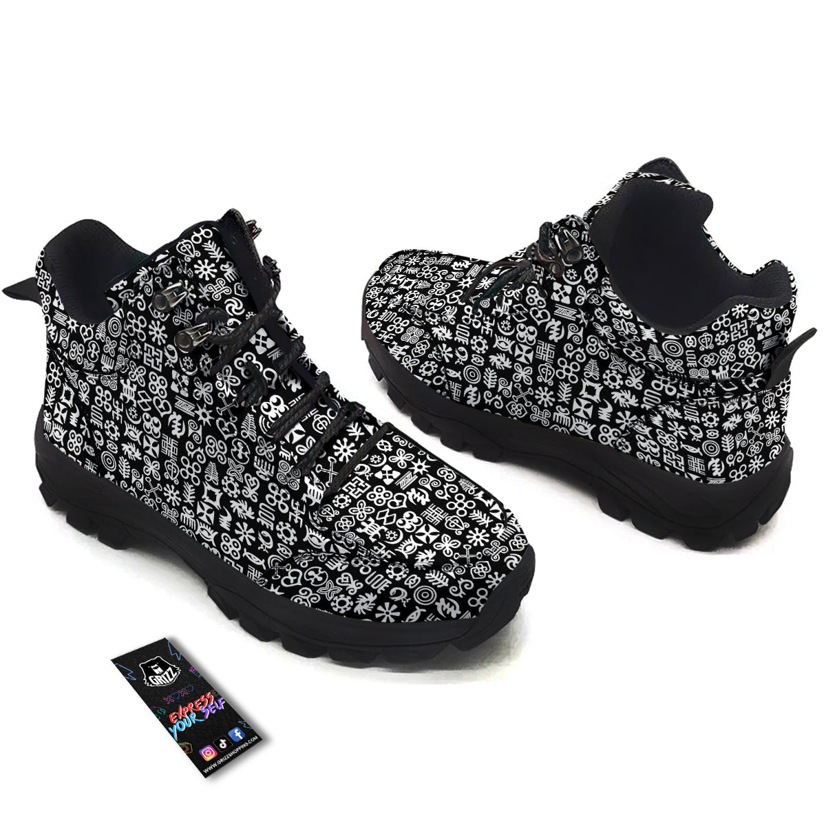 Symbols Black Adinkra Print Pattern Hiking Shoes-grizzshop