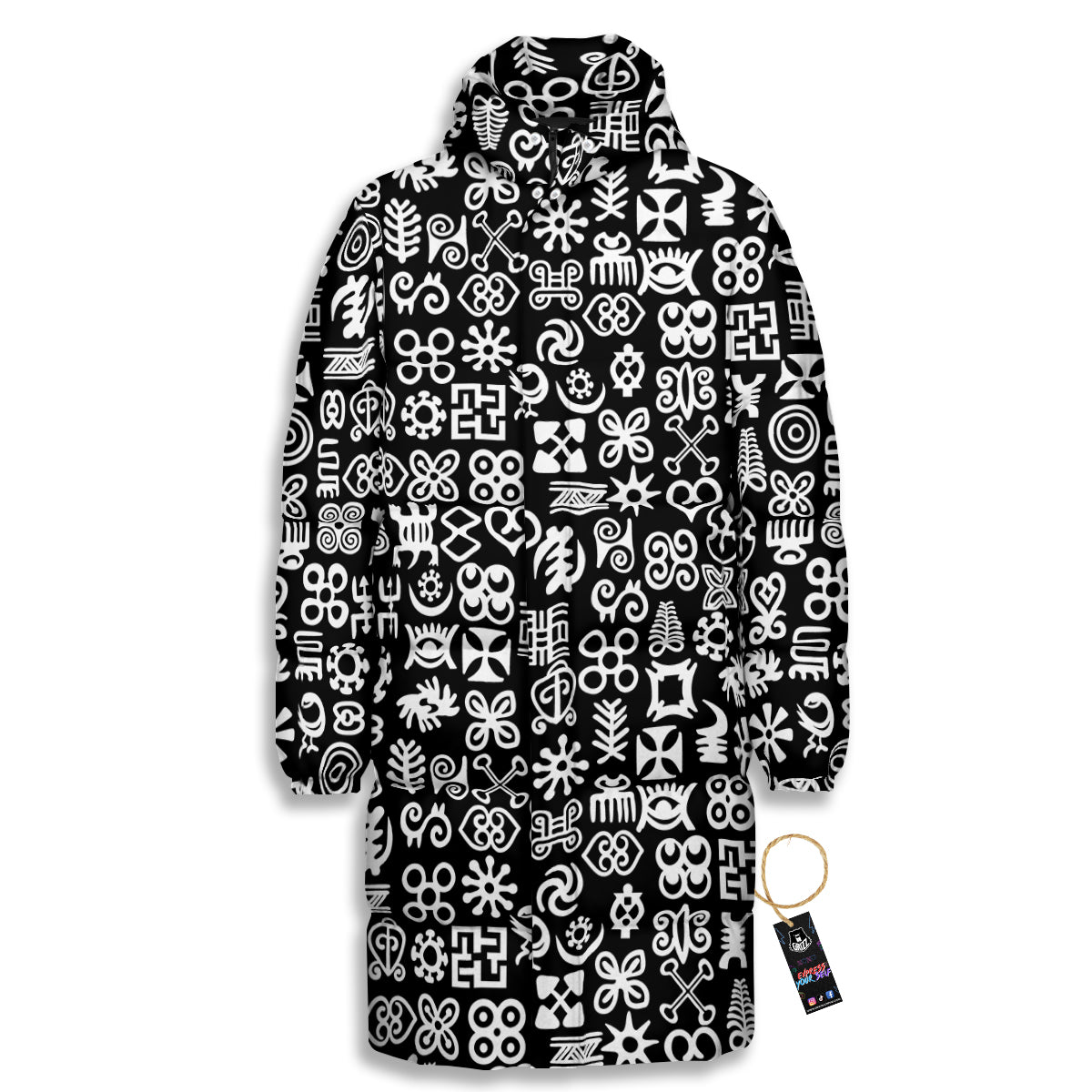 Symbols Black Adinkra Print Pattern Long Down Jacket-grizzshop