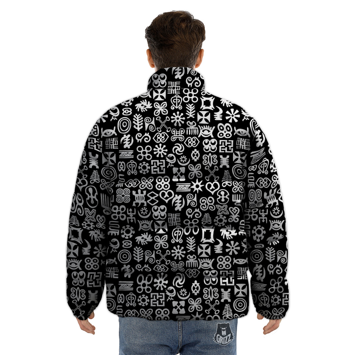Symbols Black Adinkra Print Pattern Puffer Jacket-grizzshop