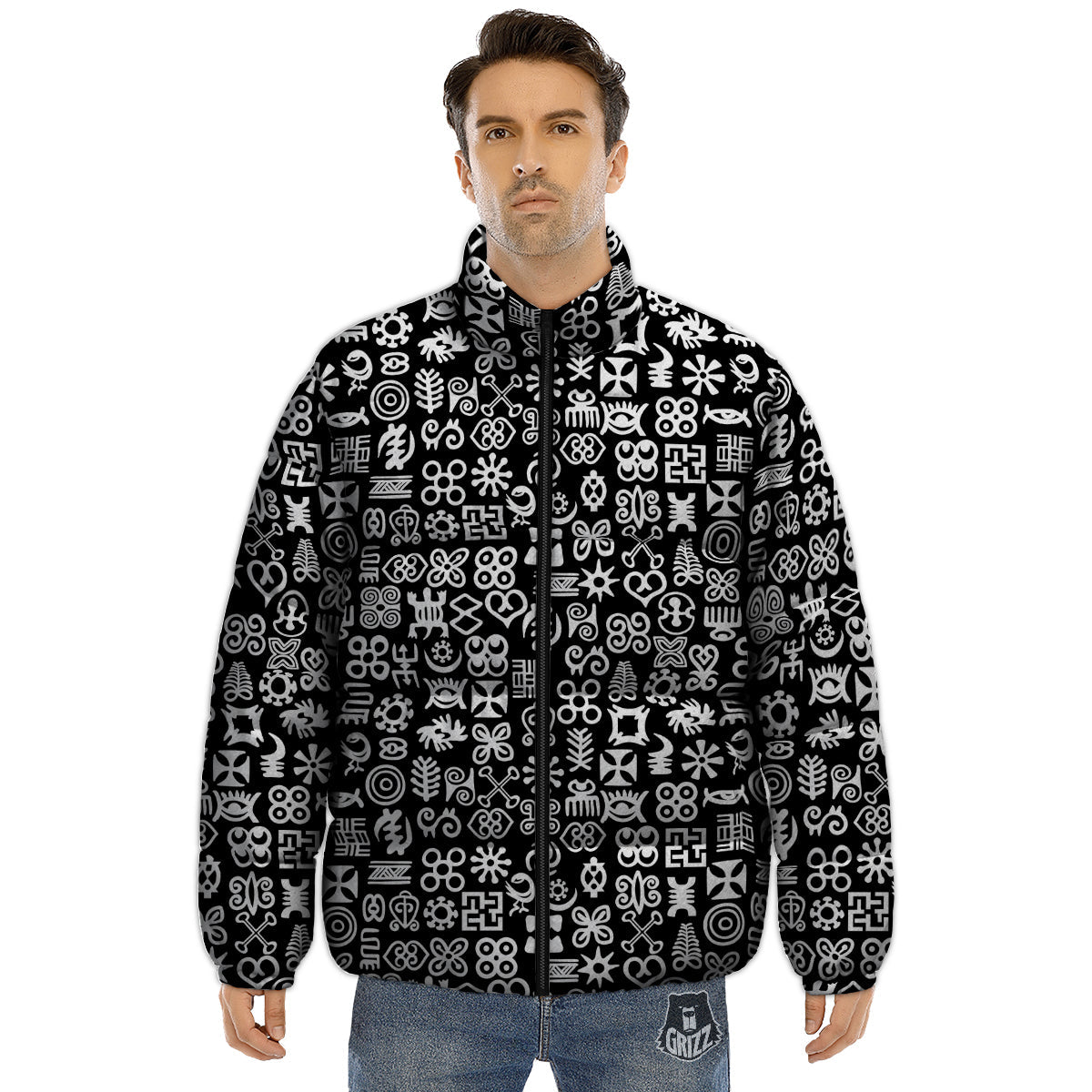 Symbols Black Adinkra Print Pattern Puffer Jacket-grizzshop