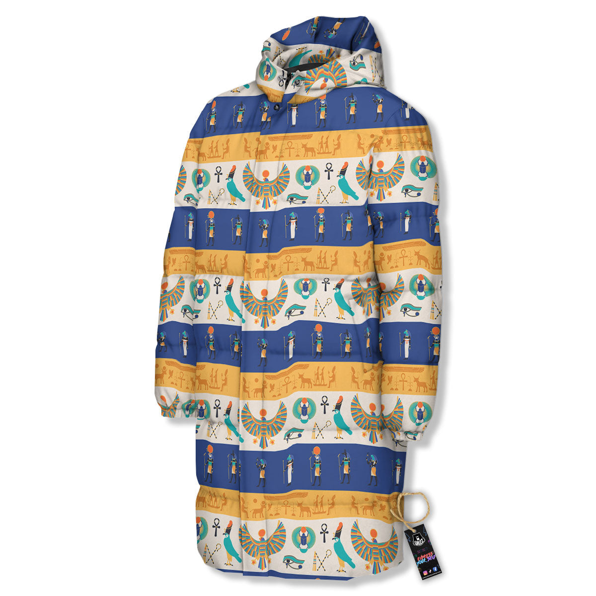Symbols Egyptian Print Pattern Long Down Jacket-grizzshop