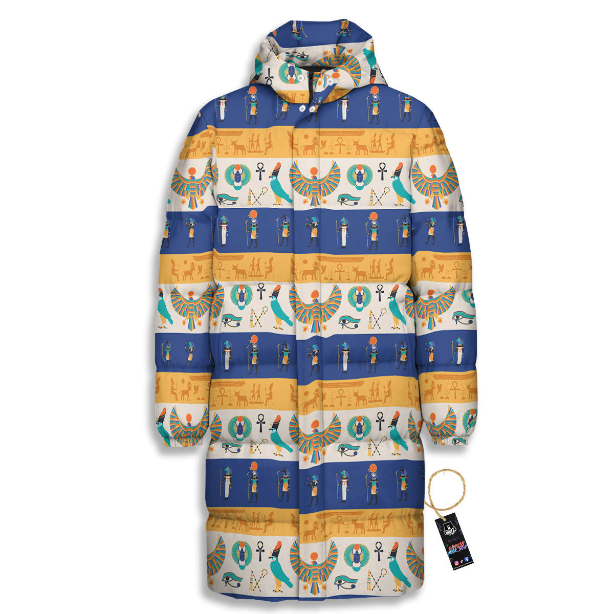 Symbols Egyptian Print Pattern Long Down Jacket-grizzshop