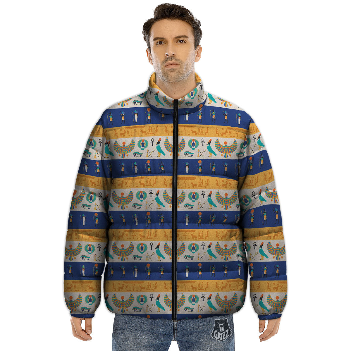 Symbols Egyptian Print Pattern Puffer Jacket-grizzshop