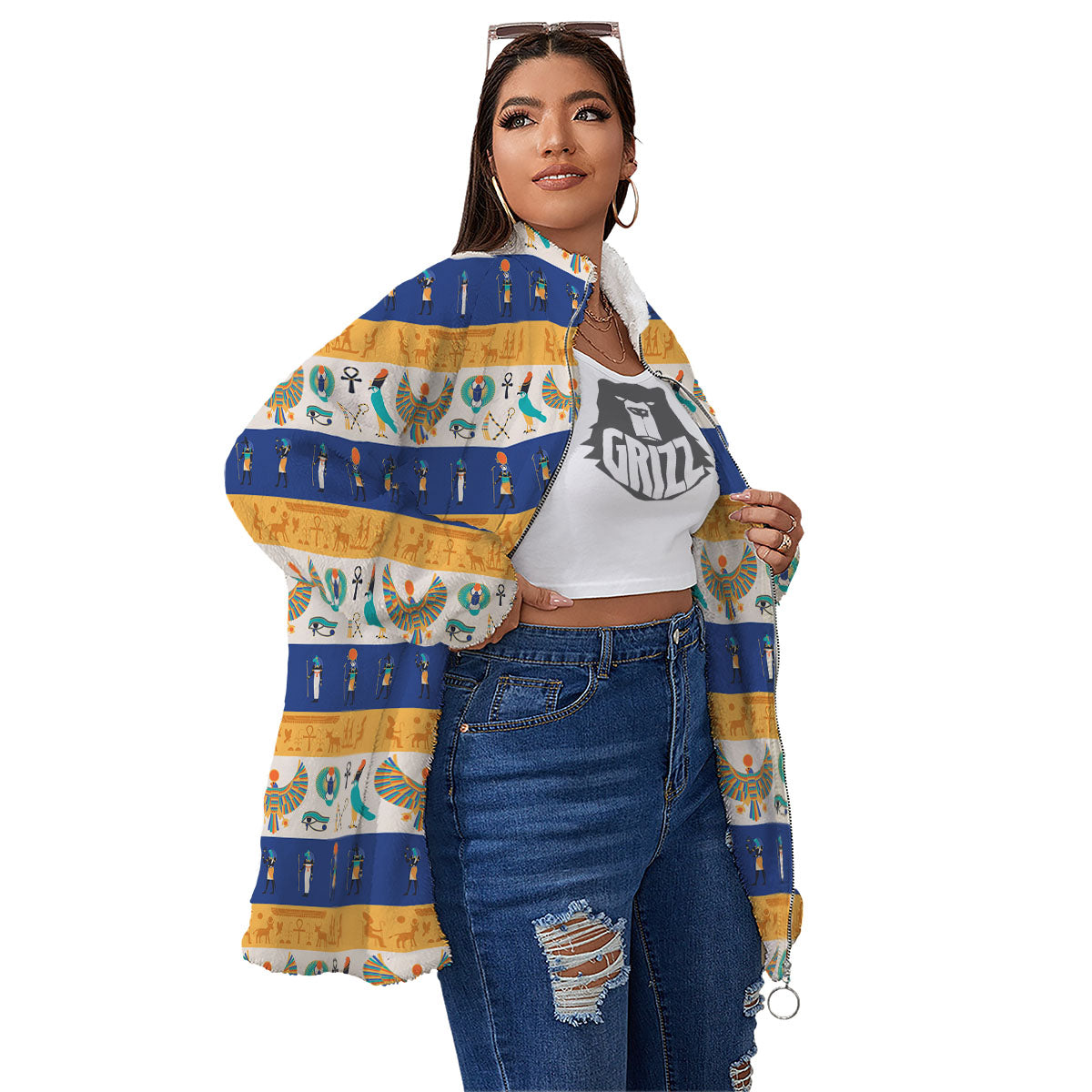 Symbols Egyptian Print Pattern Women's Sherpa Jacket-grizzshop