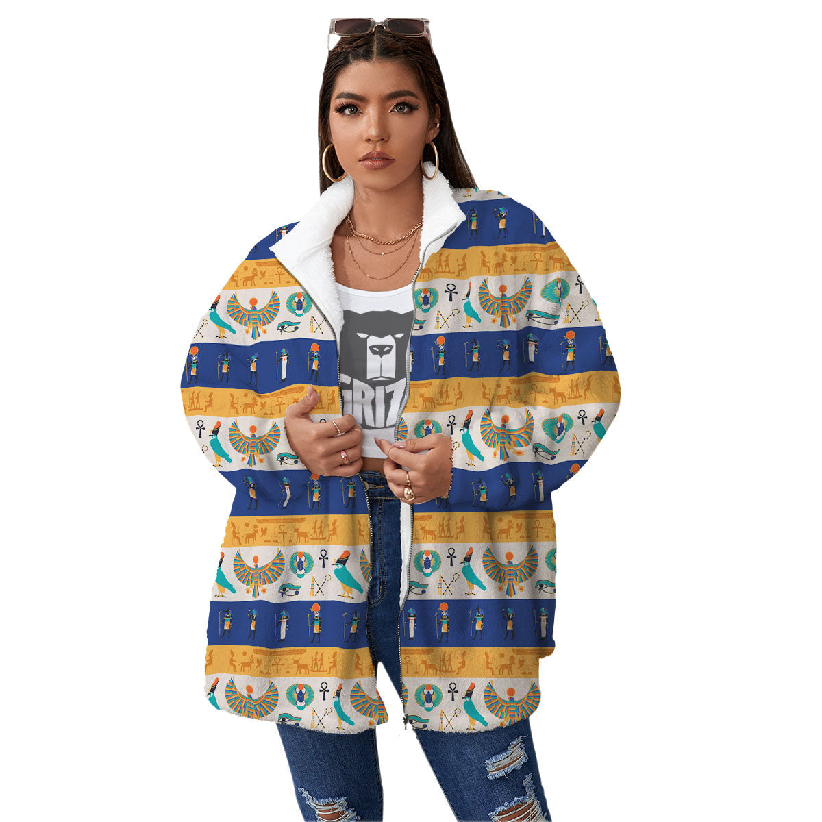 Symbols Egyptian Print Pattern Women's Sherpa Jacket-grizzshop
