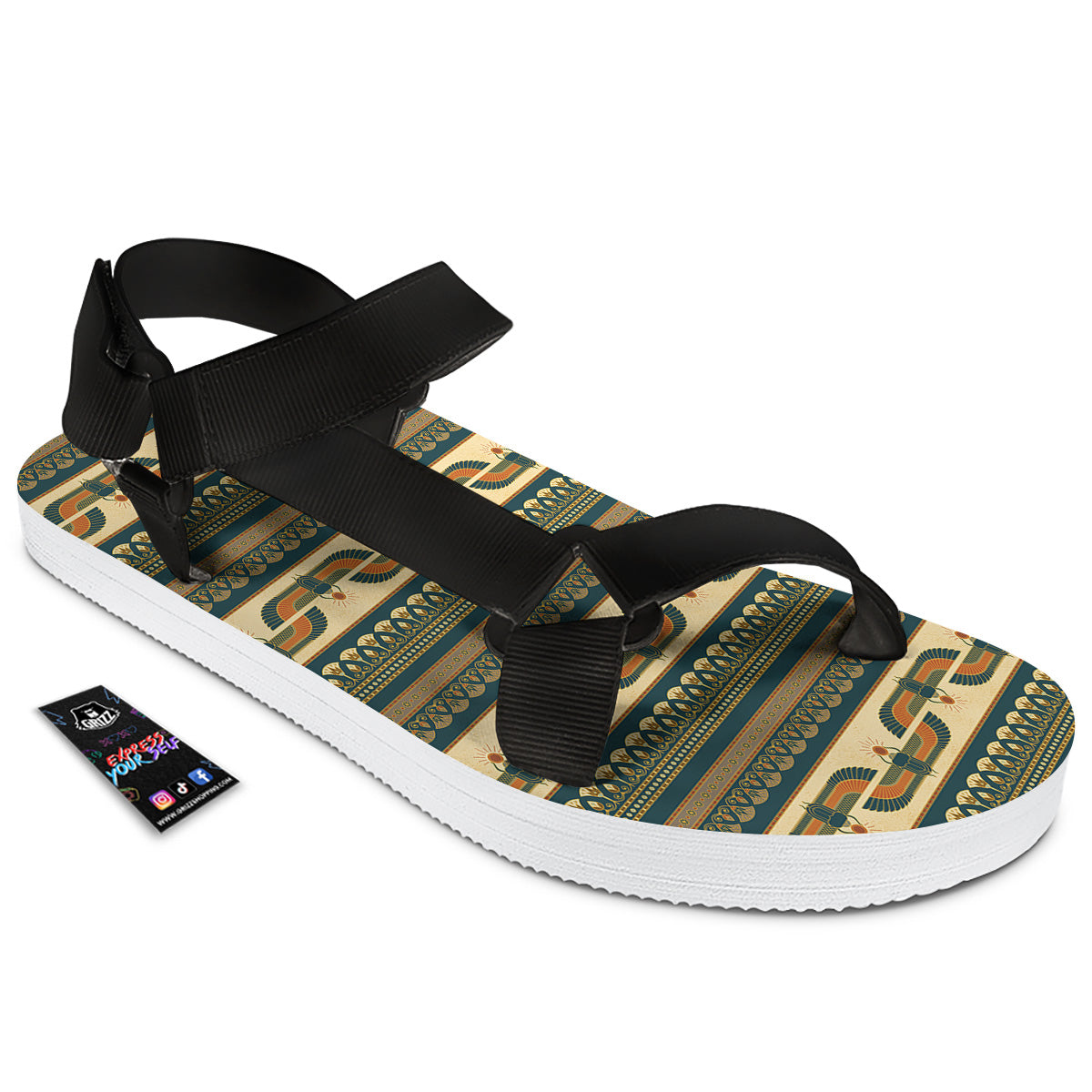 Symbols Of Ancient Egypt Print Pattern Black Open Toe Sandals-grizzshop