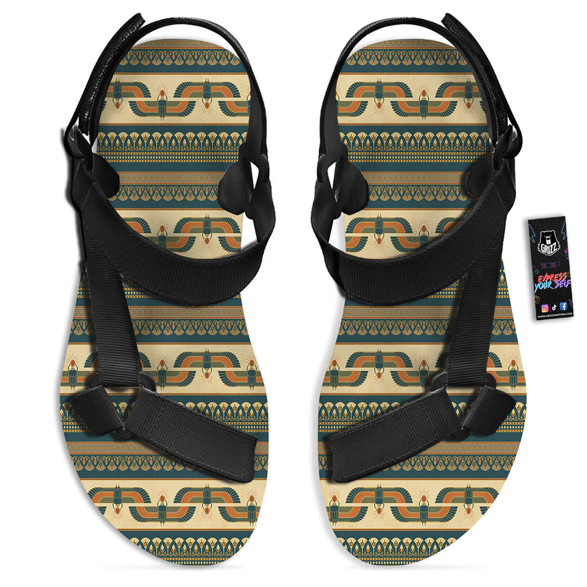 Symbols Of Ancient Egypt Print Pattern Black Open Toe Sandals-grizzshop
