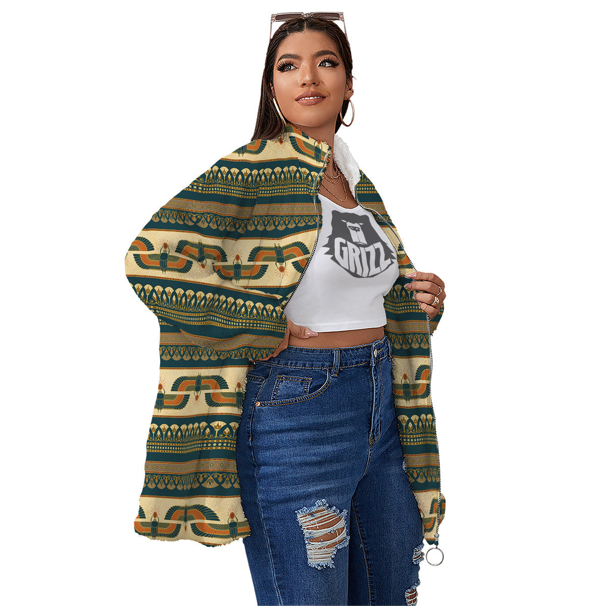 Symbols Of Ancient Egypt Print Pattern Women's Sherpa Jacket-grizzshop