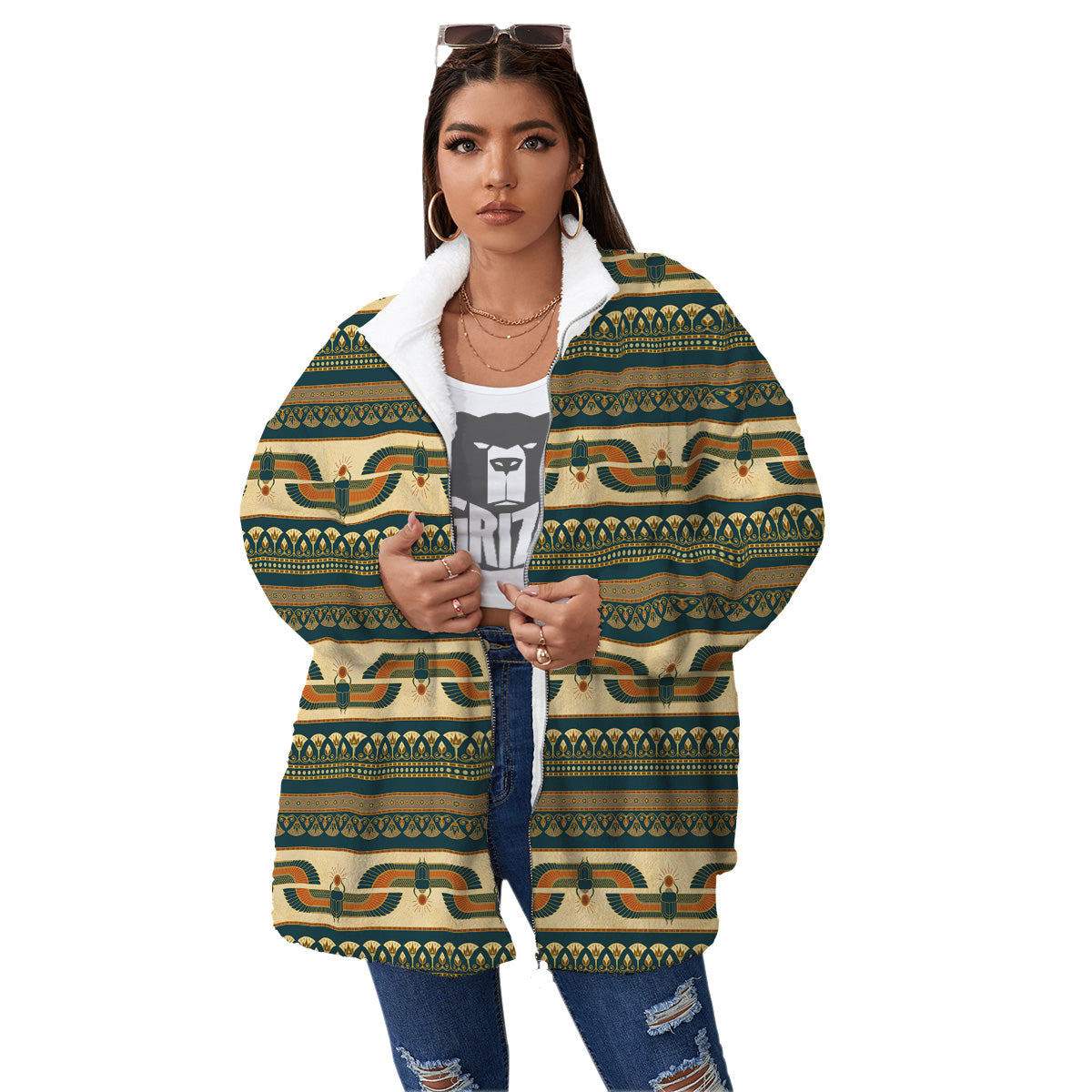 Symbols Of Ancient Egypt Print Pattern Women's Sherpa Jacket-grizzshop