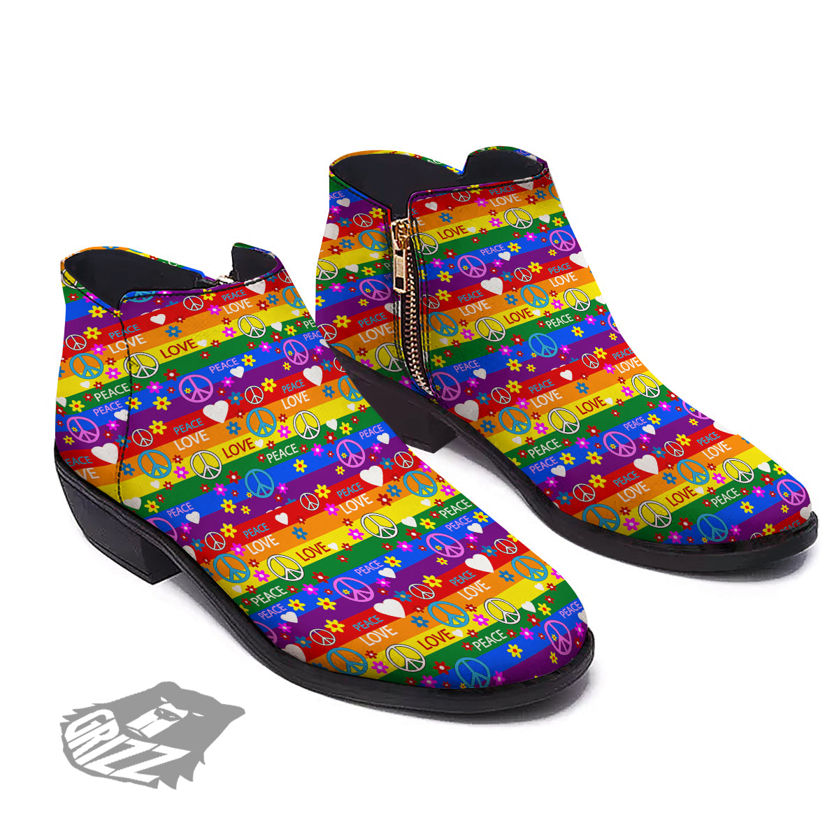 Symbols Of The Hippie And Rainbow Print Ankle Boots-grizzshop