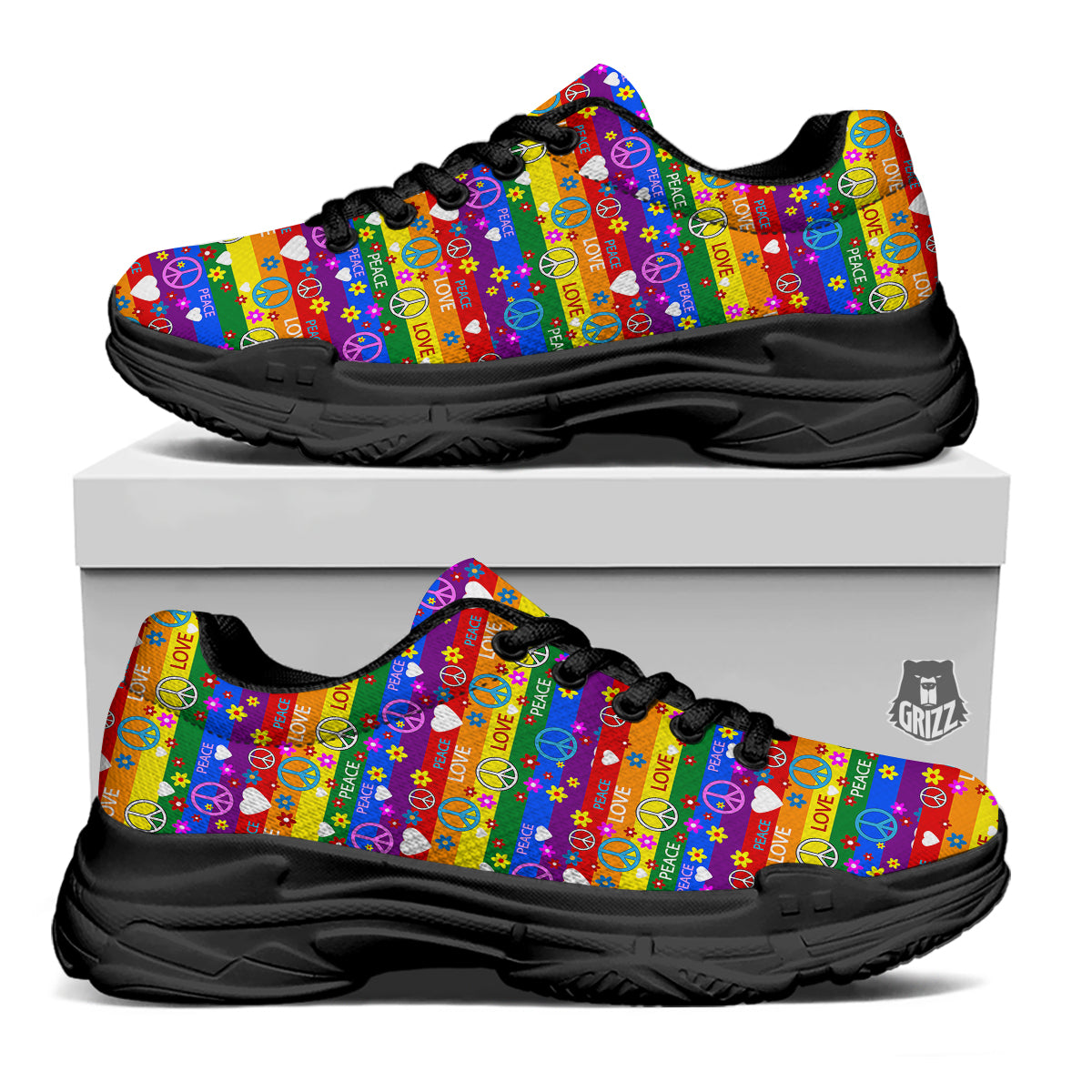 Symbols Of The Hippie And Rainbow Print Black Chunky Shoes-grizzshop