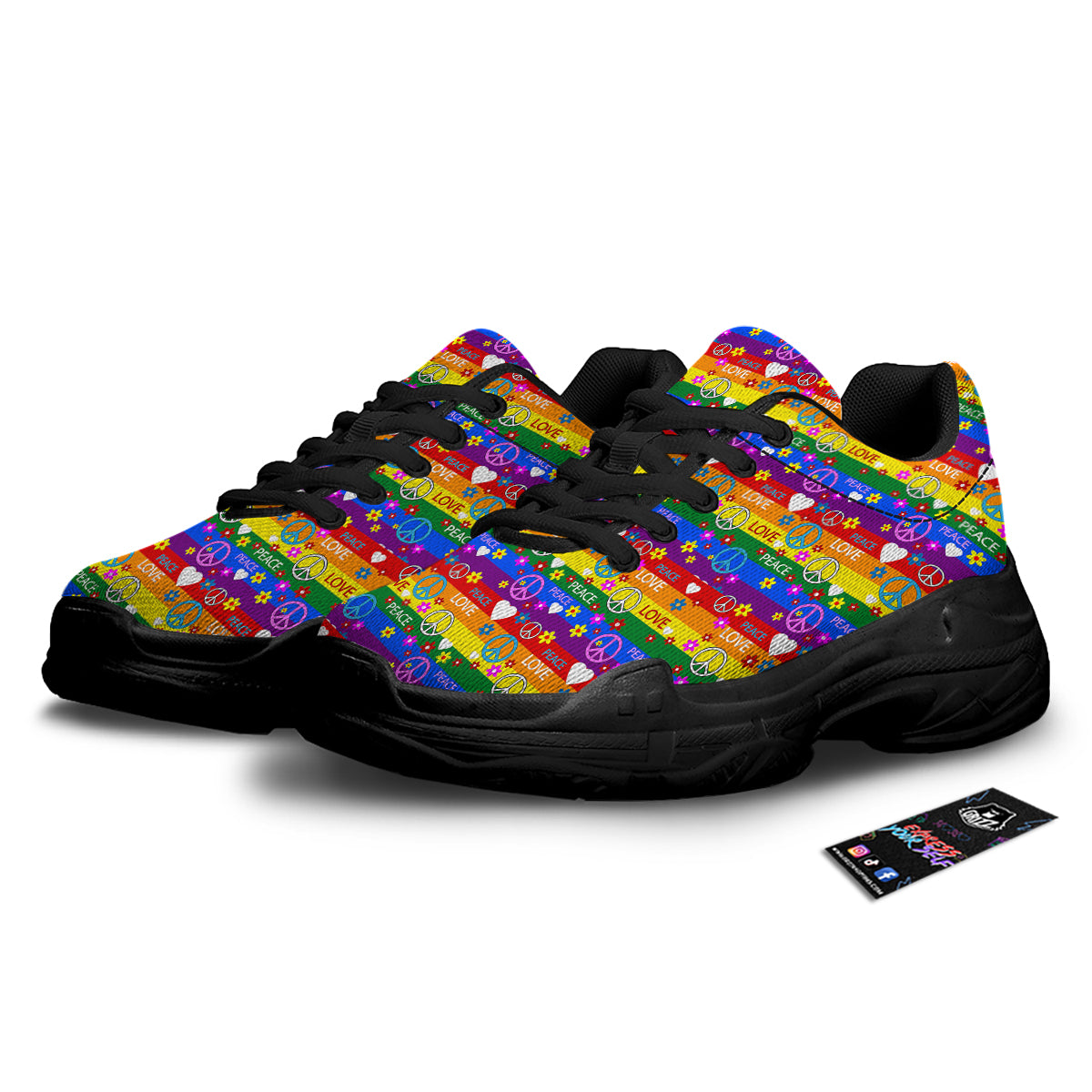 Symbols Of The Hippie And Rainbow Print Black Chunky Shoes-grizzshop