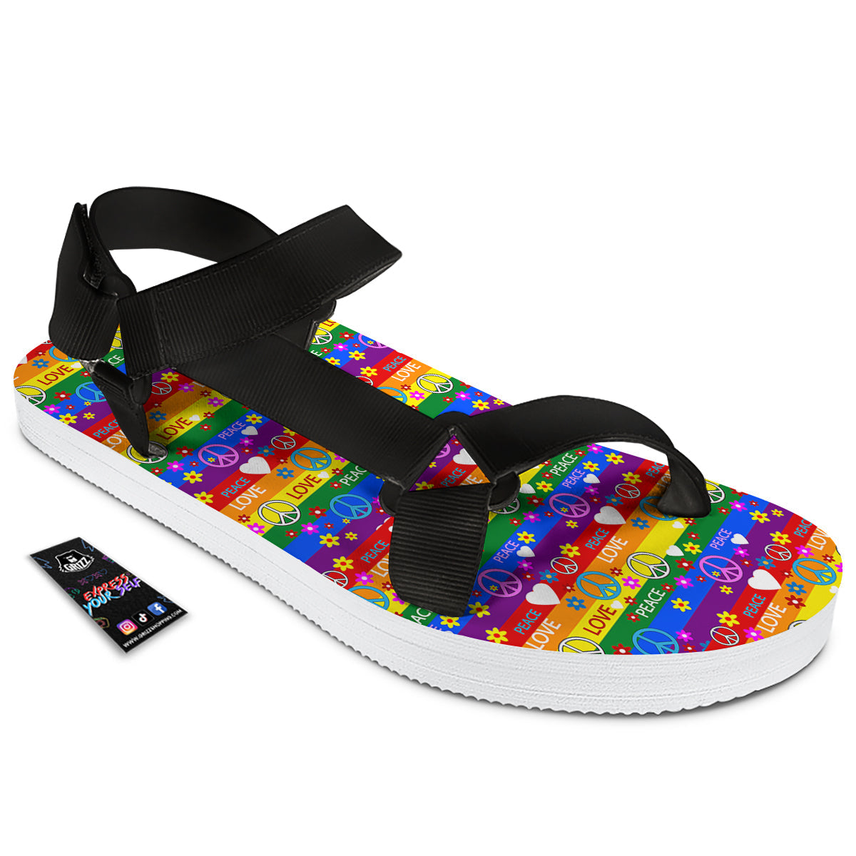 Symbols Of The Hippie And Rainbow Print Black Open Toe Sandals-grizzshop