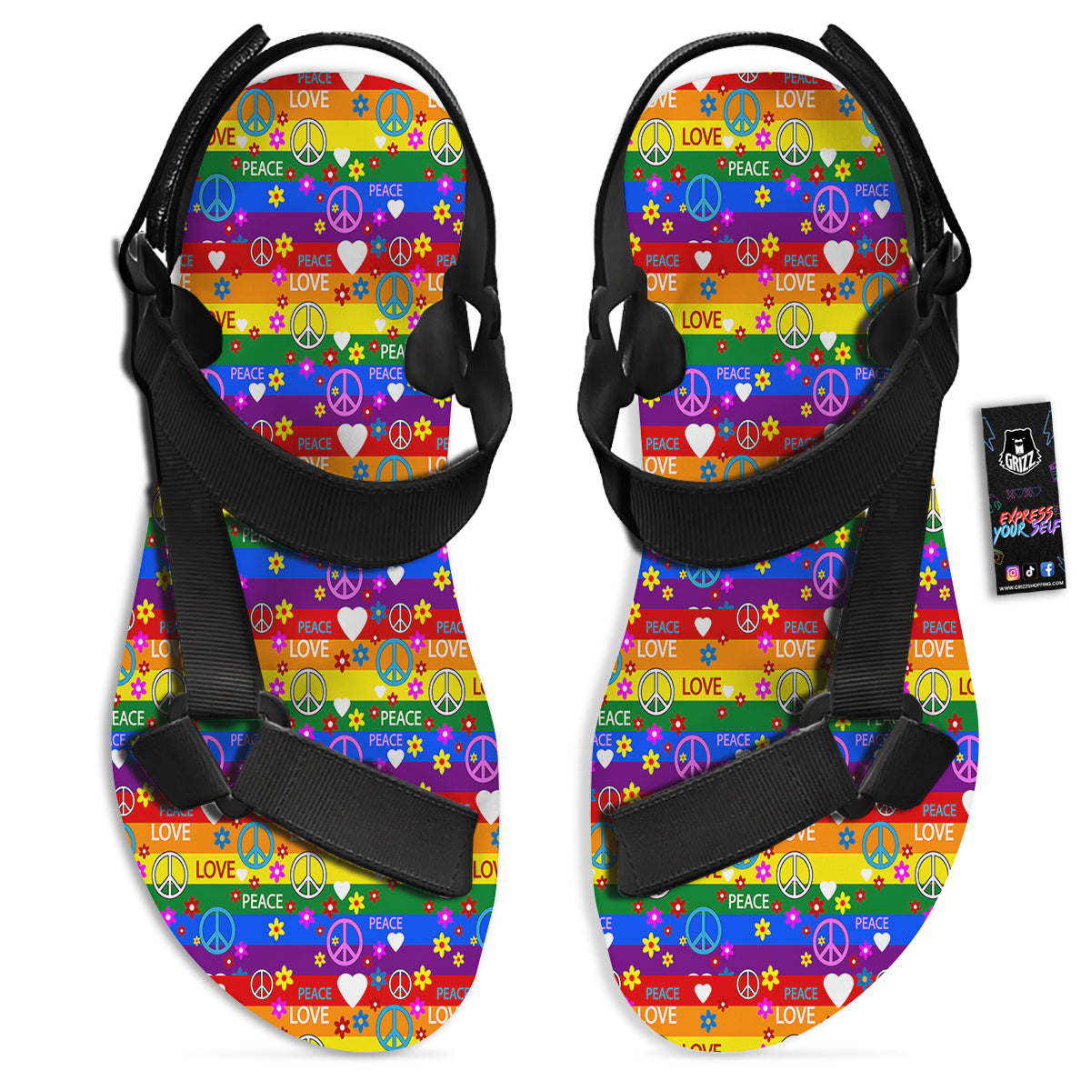 Symbols Of The Hippie And Rainbow Print Black Open Toe Sandals-grizzshop
