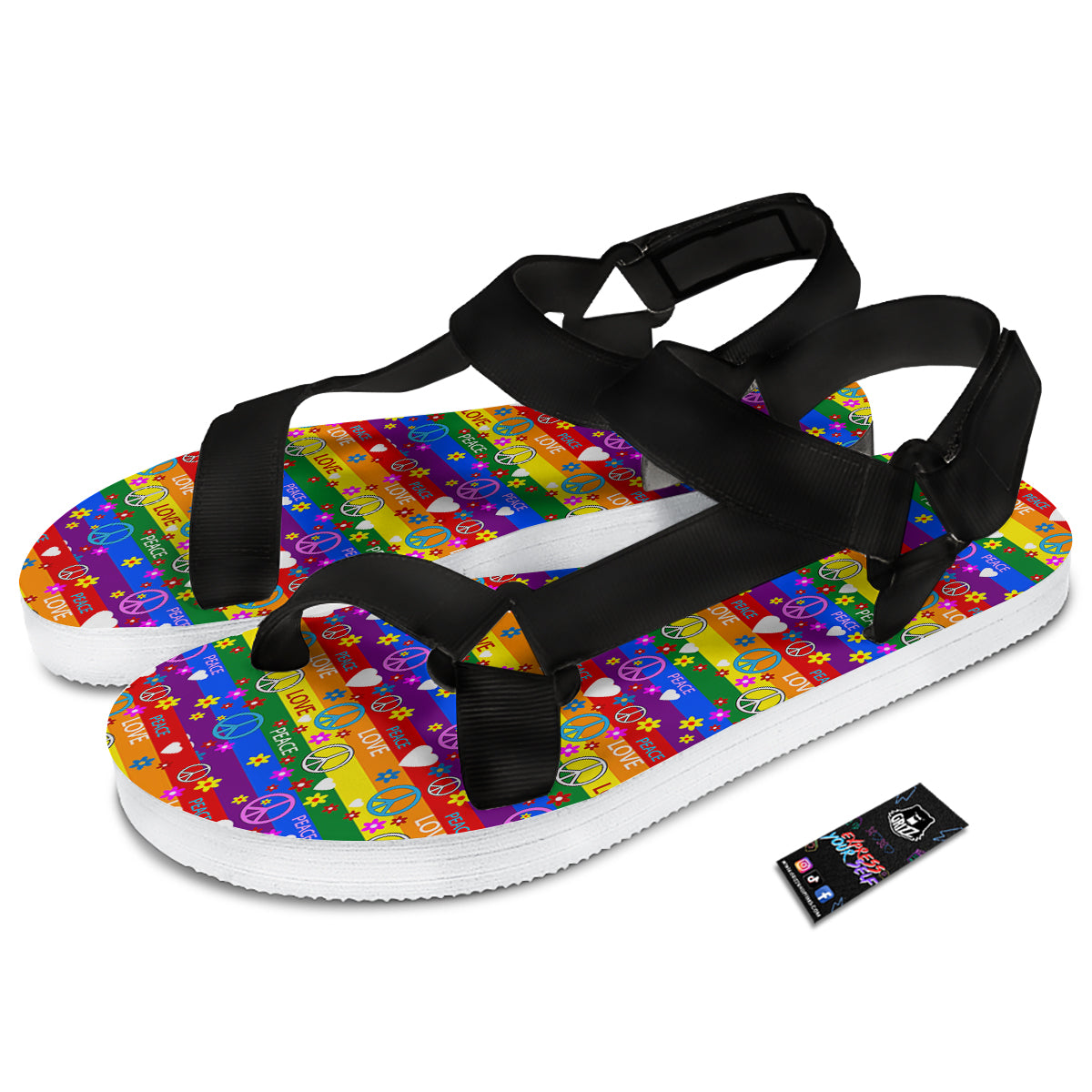 Symbols Of The Hippie And Rainbow Print Black Open Toe Sandals-grizzshop