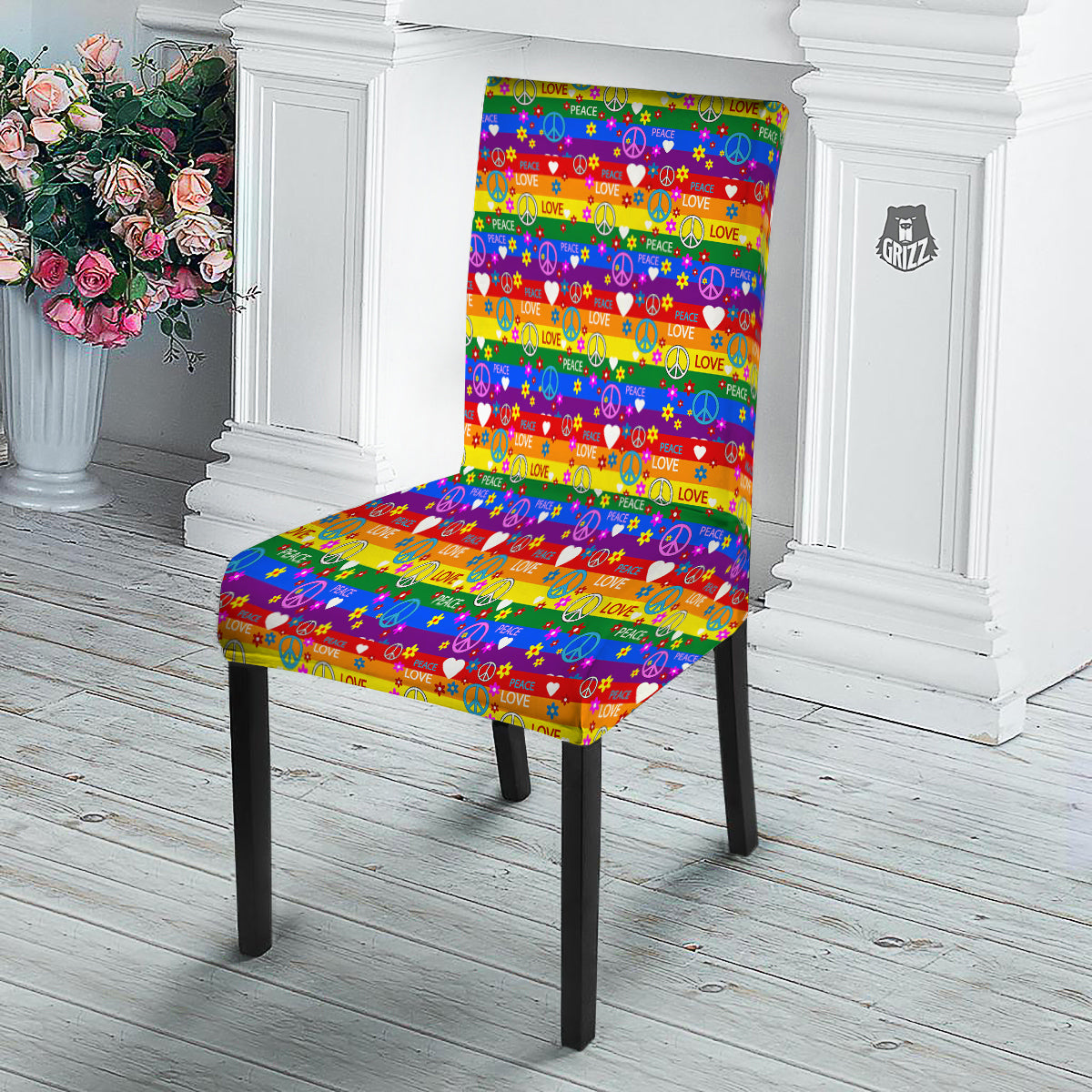 Symbols Of The Hippie And Rainbow Print Dining Chair Slipcover-grizzshop