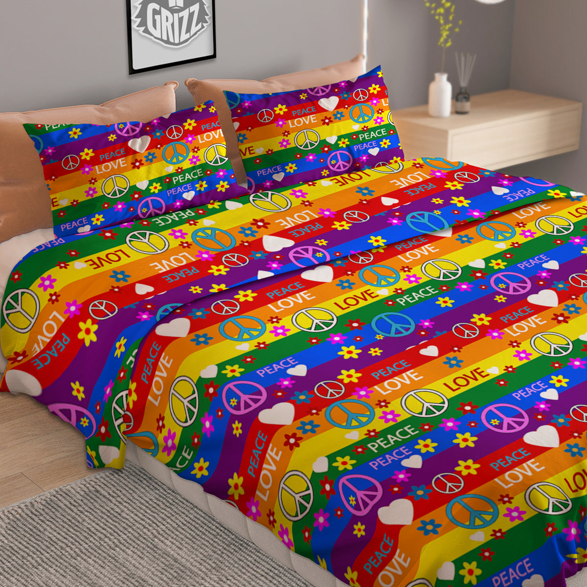 Symbols Of The Hippie And Rainbow Print Duvet Cover Bedding Set