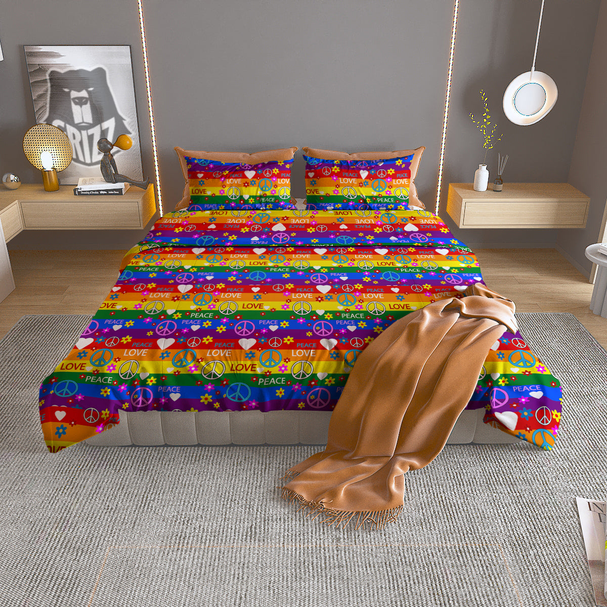 Symbols Of The Hippie And Rainbow Print Duvet Cover Bedding Set