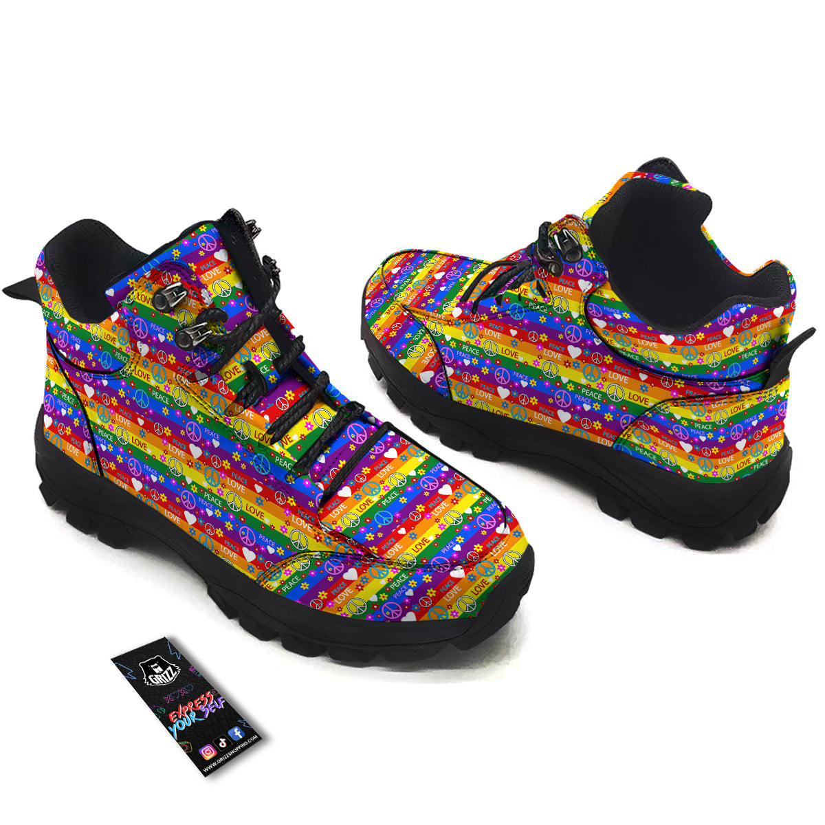 Symbols Of The Hippie And Rainbow Print Hiking Shoes-grizzshop