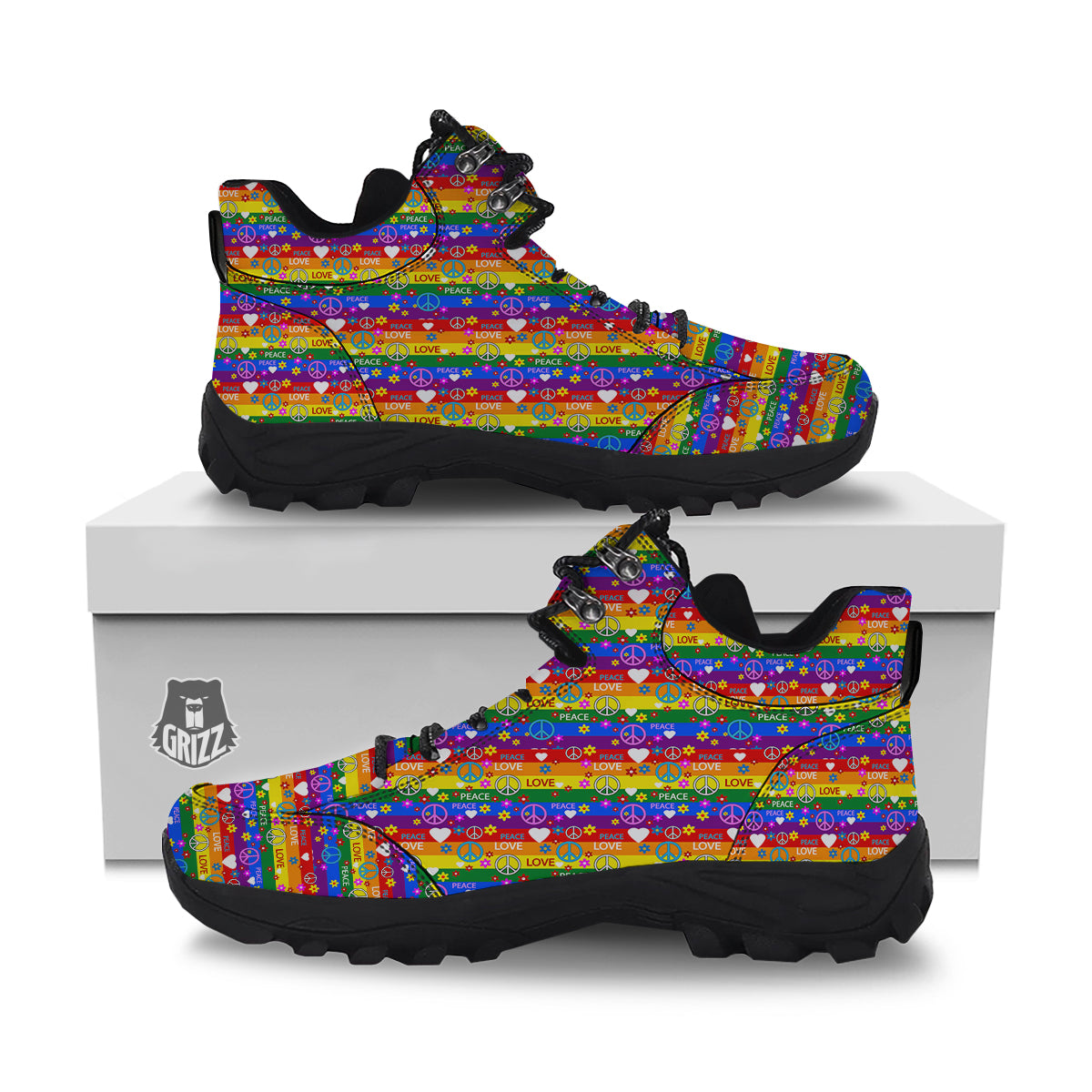 Symbols Of The Hippie And Rainbow Print Hiking Shoes-grizzshop