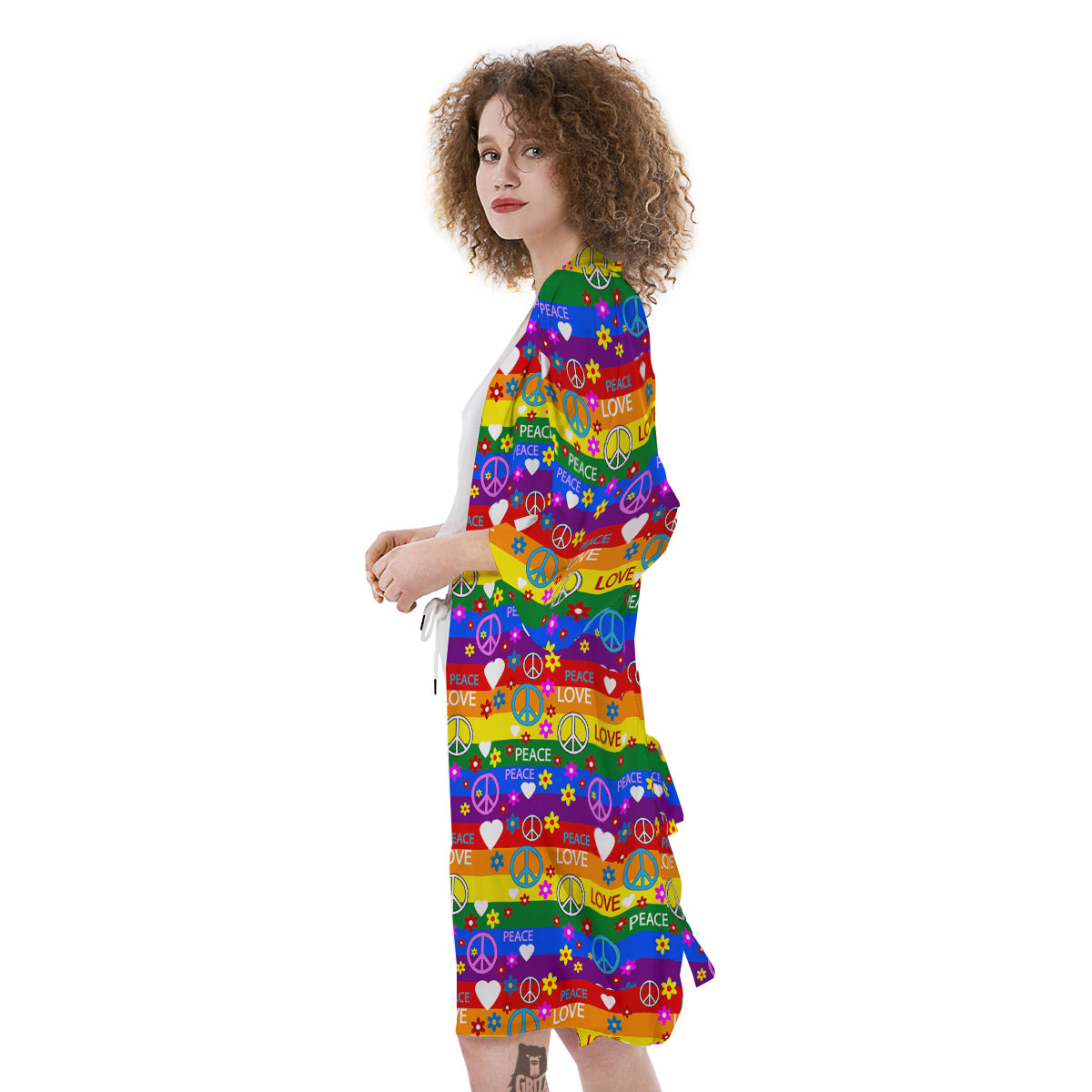 Symbols Of The Hippie And Rainbow Print Kimono-grizzshop