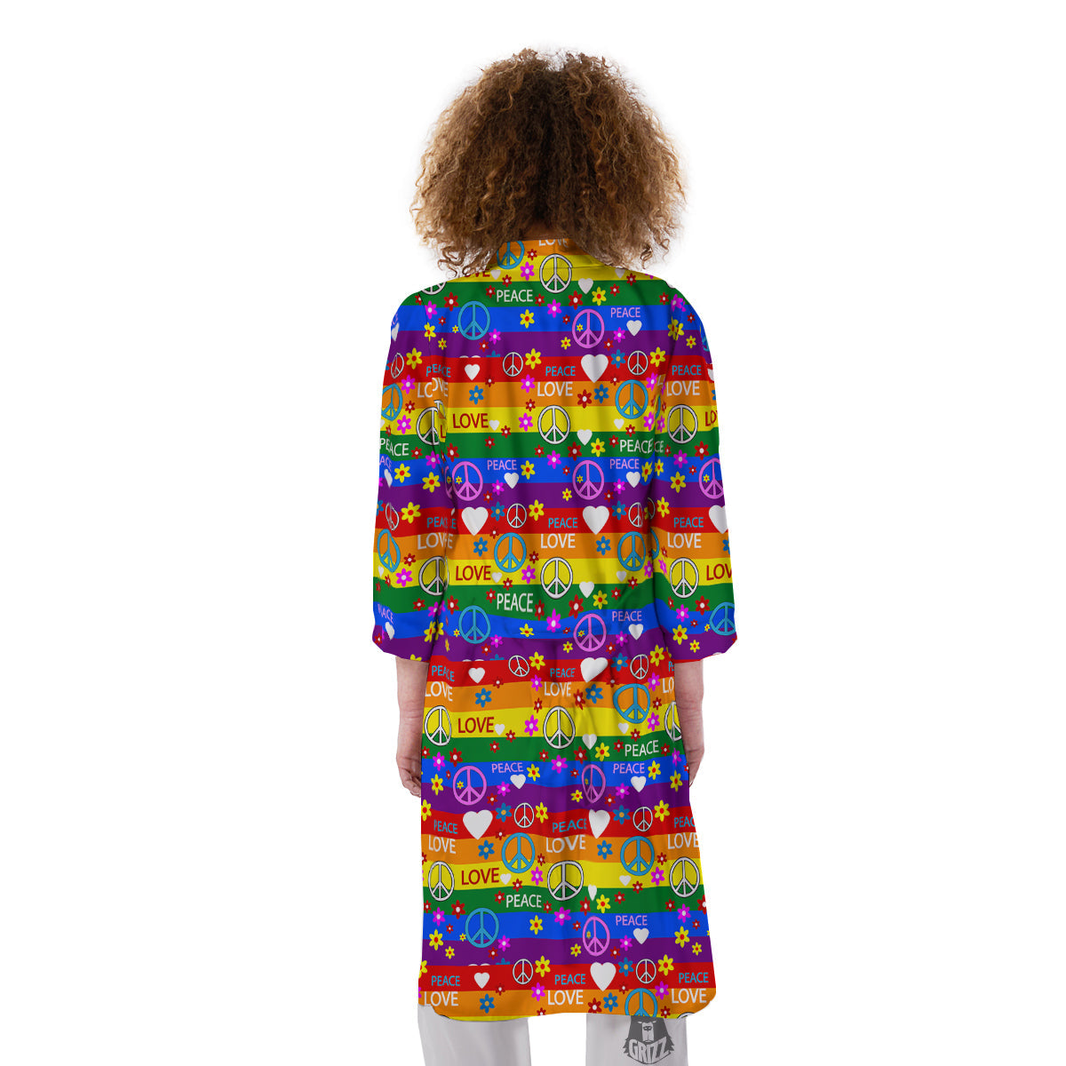 Symbols Of The Hippie And Rainbow Print Kimono-grizzshop