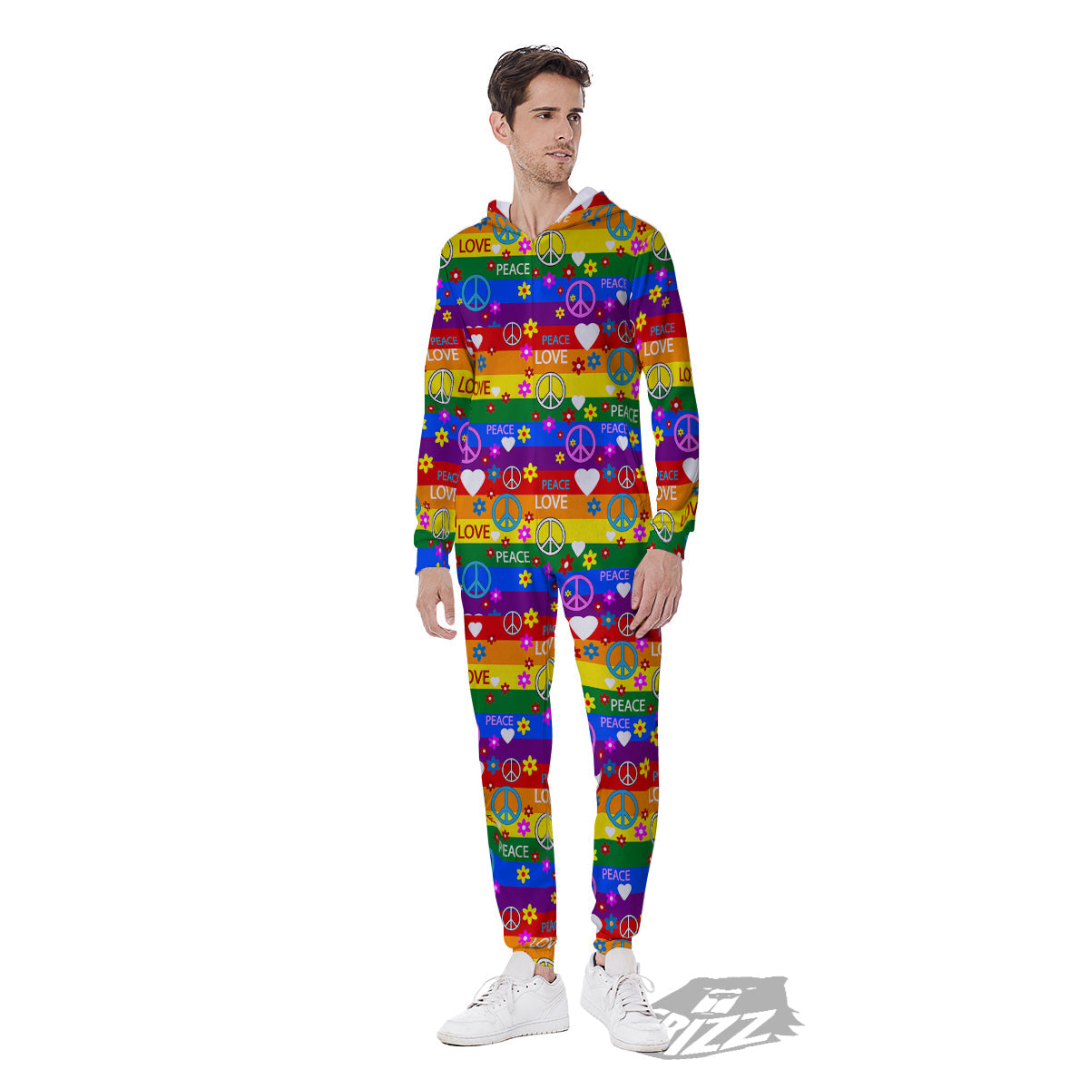 Symbols Of The Hippie And Rainbow Print Men's Jumpsuit-grizzshop