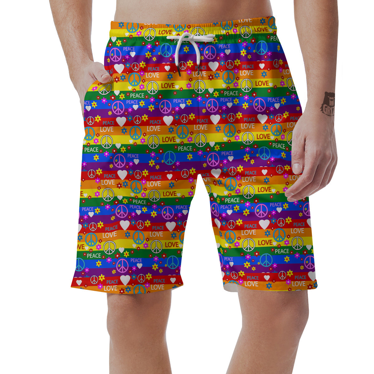 Symbols Of The Hippie And Rainbow Print Men's Shorts-grizzshop