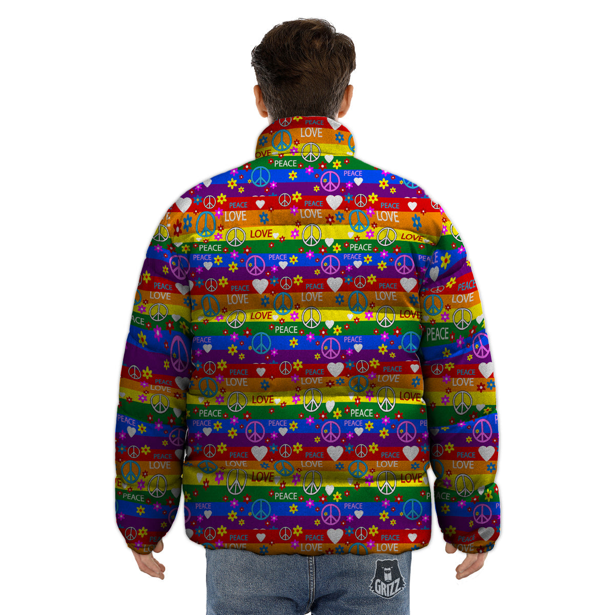 Symbols Of The Hippie And Rainbow Print Puffer Jacket-grizzshop