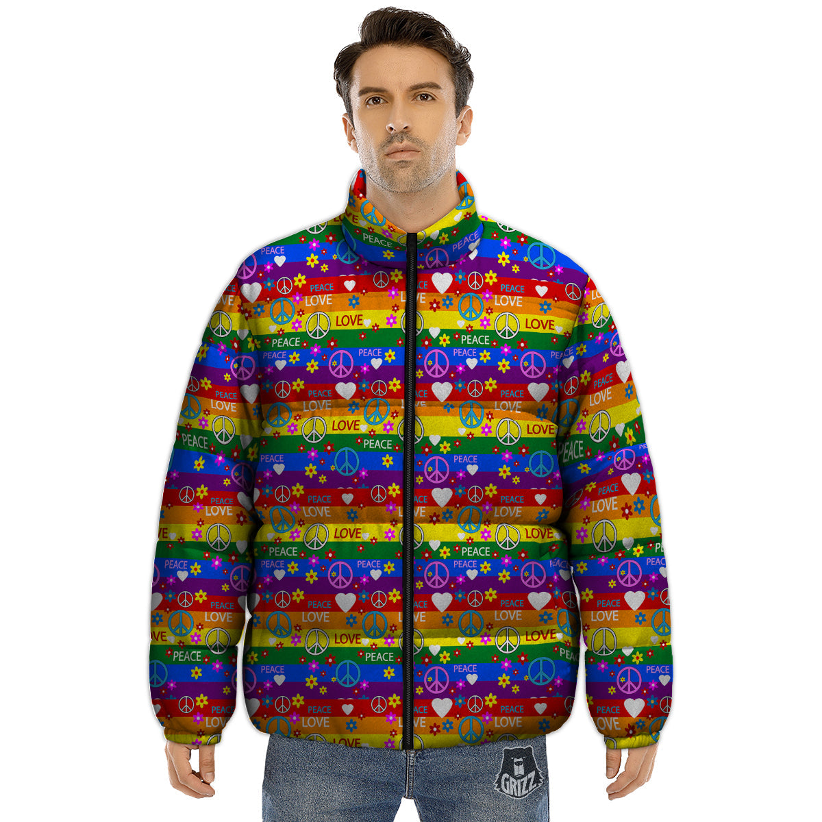 Symbols Of The Hippie And Rainbow Print Puffer Jacket-grizzshop