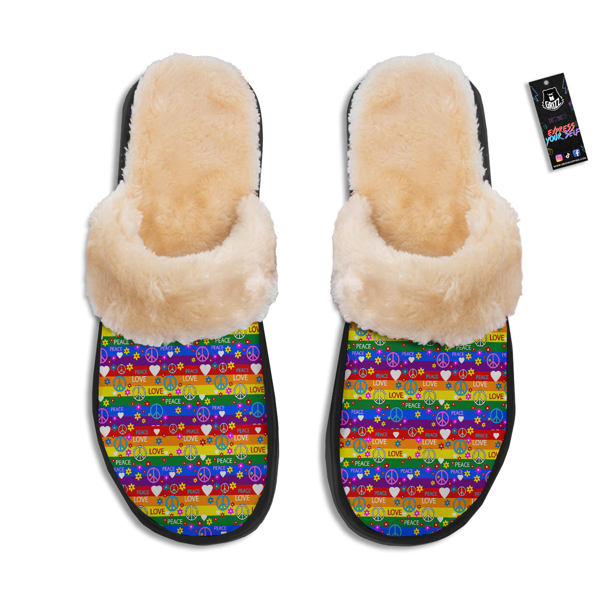 Symbols Of The Hippie And Rainbow Print Slippers-grizzshop