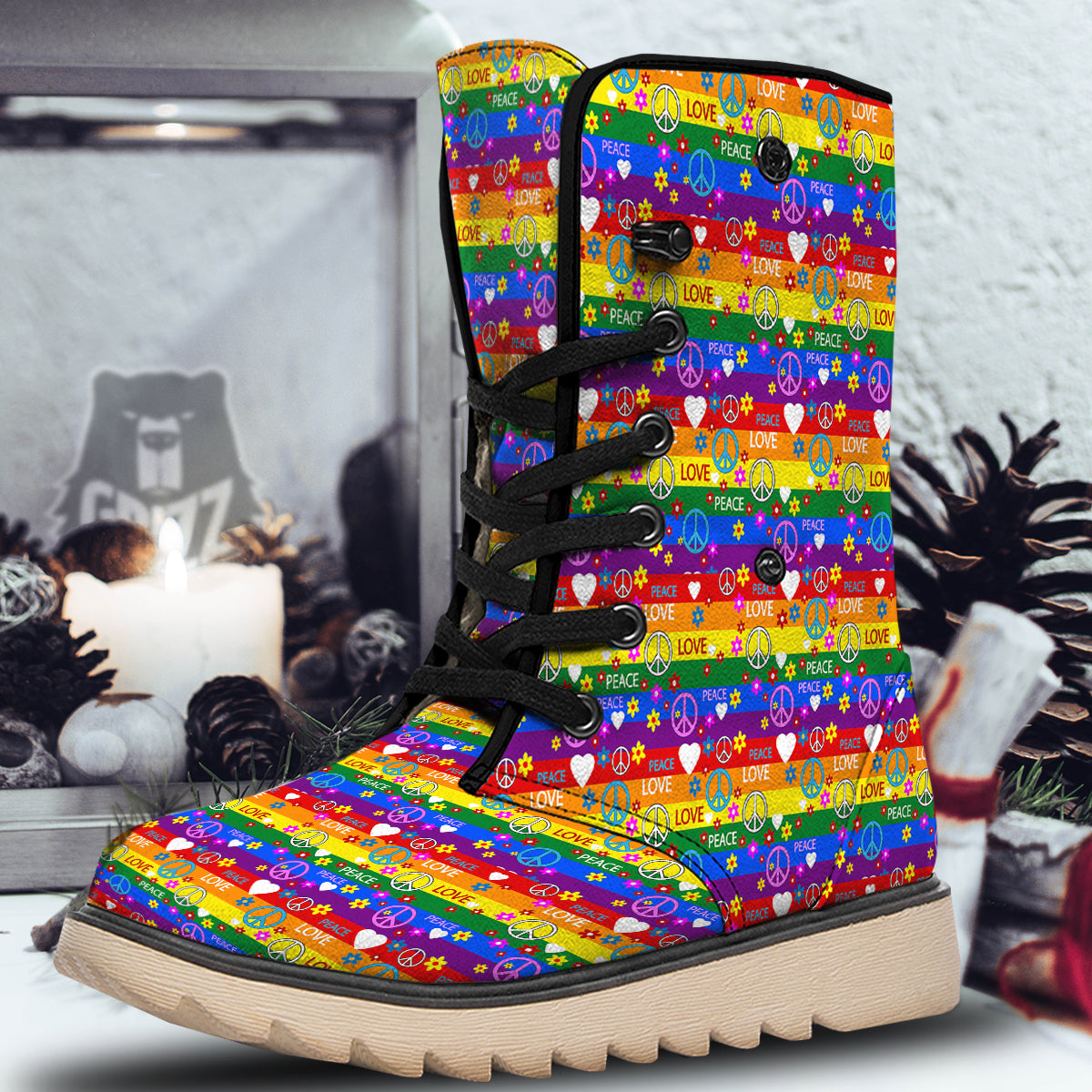 Symbols Of The Hippie And Rainbow Print Snow Boots-grizzshop