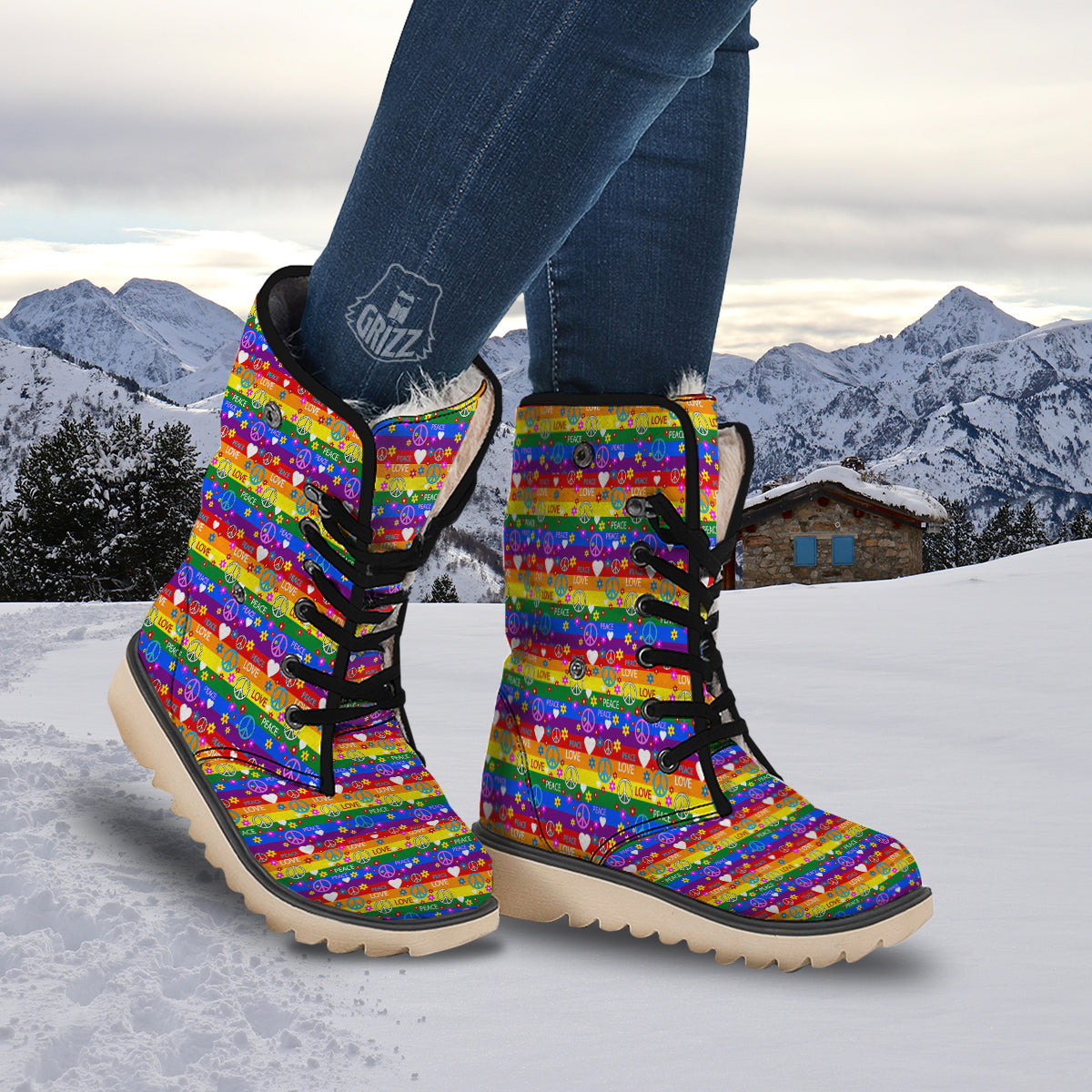 Symbols Of The Hippie And Rainbow Print Snow Boots-grizzshop
