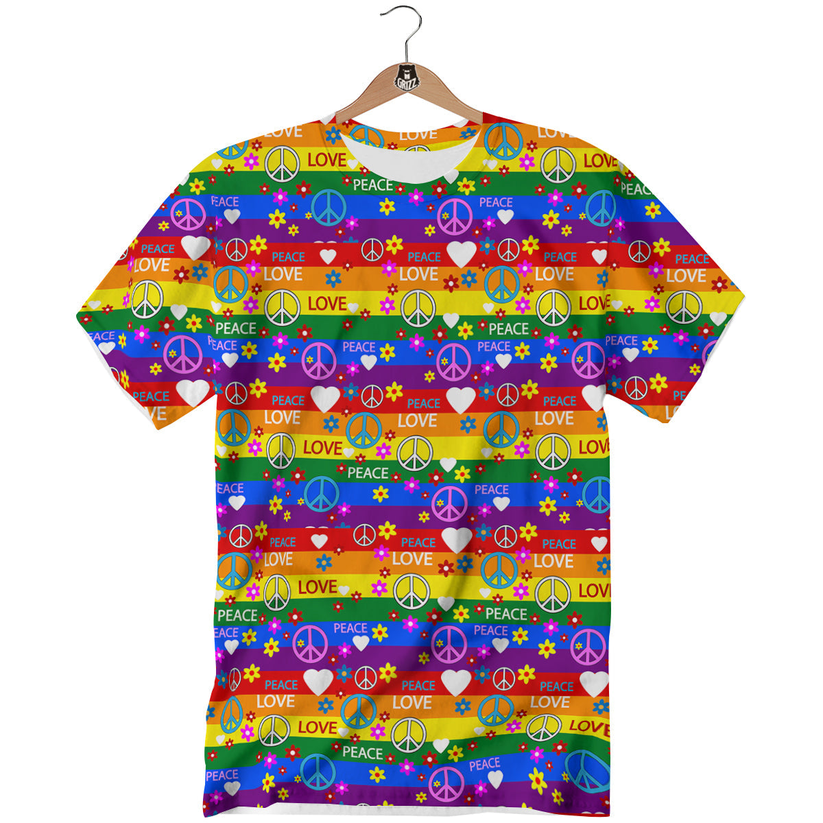 Symbols Of The Hippie And Rainbow Print T-Shirt-grizzshop