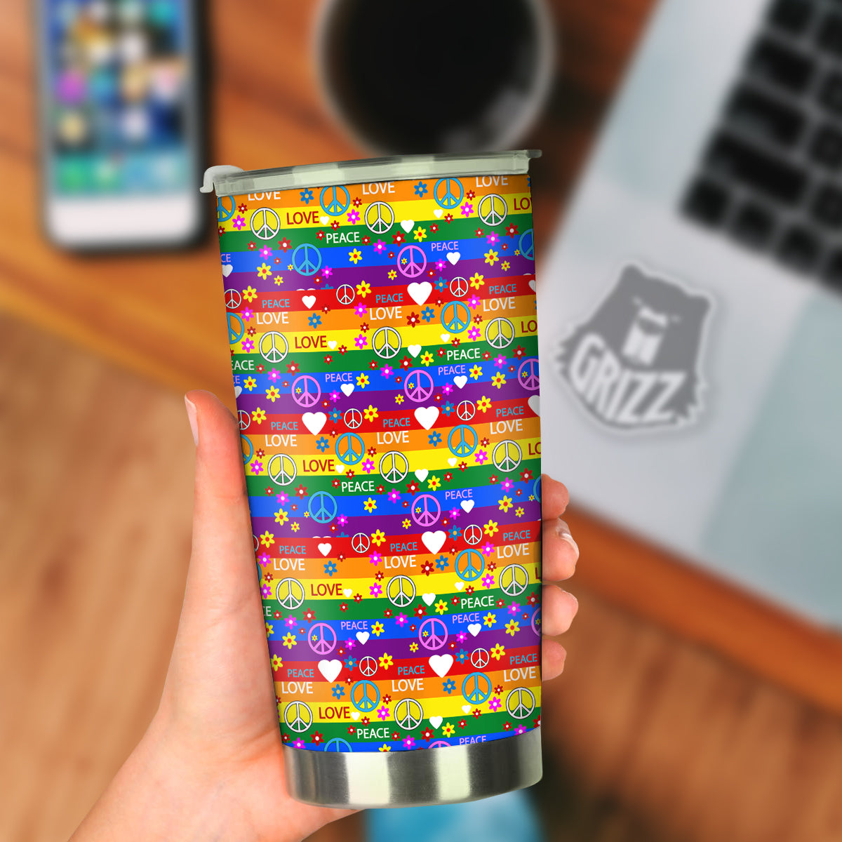 Symbols Of The Hippie And Rainbow Print Tumbler-grizzshop