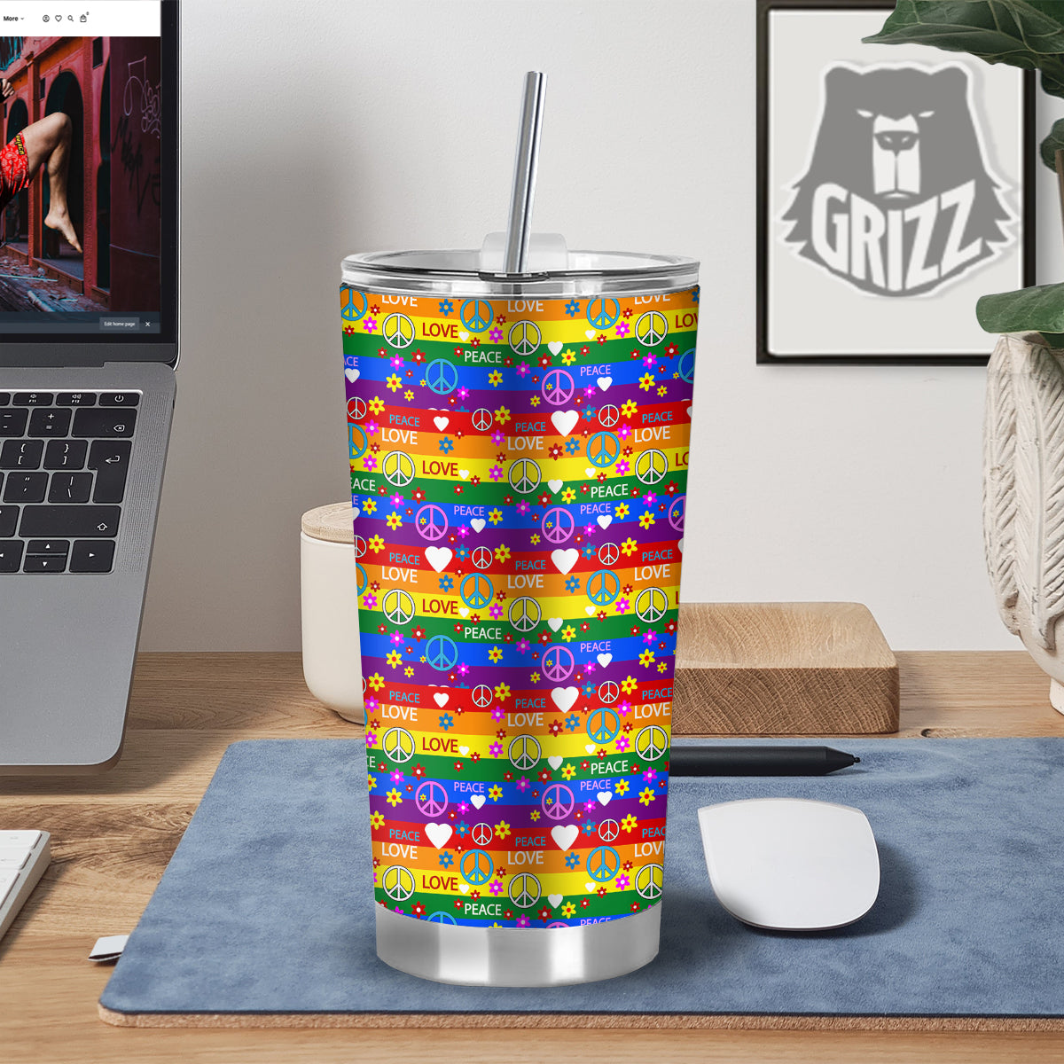 Symbols Of The Hippie And Rainbow Print Tumbler-grizzshop