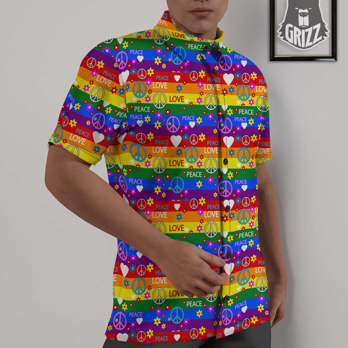Symbols Of The Hippie And Rainbow Print Untucked Shirts-grizzshop