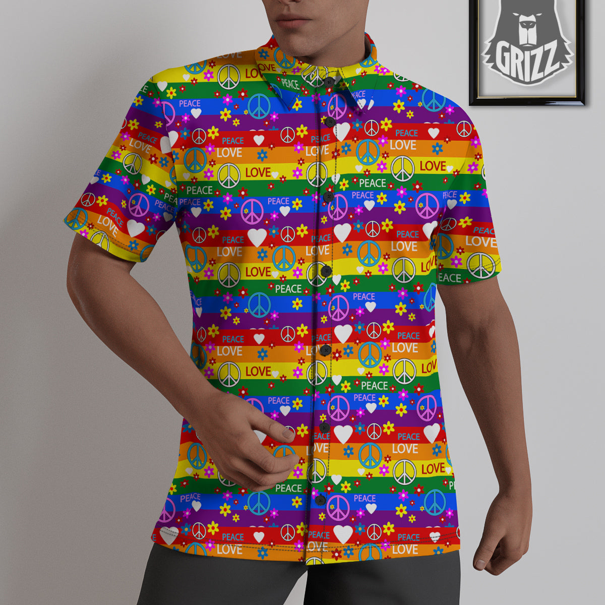 Symbols Of The Hippie And Rainbow Print Untucked Shirts-grizzshop