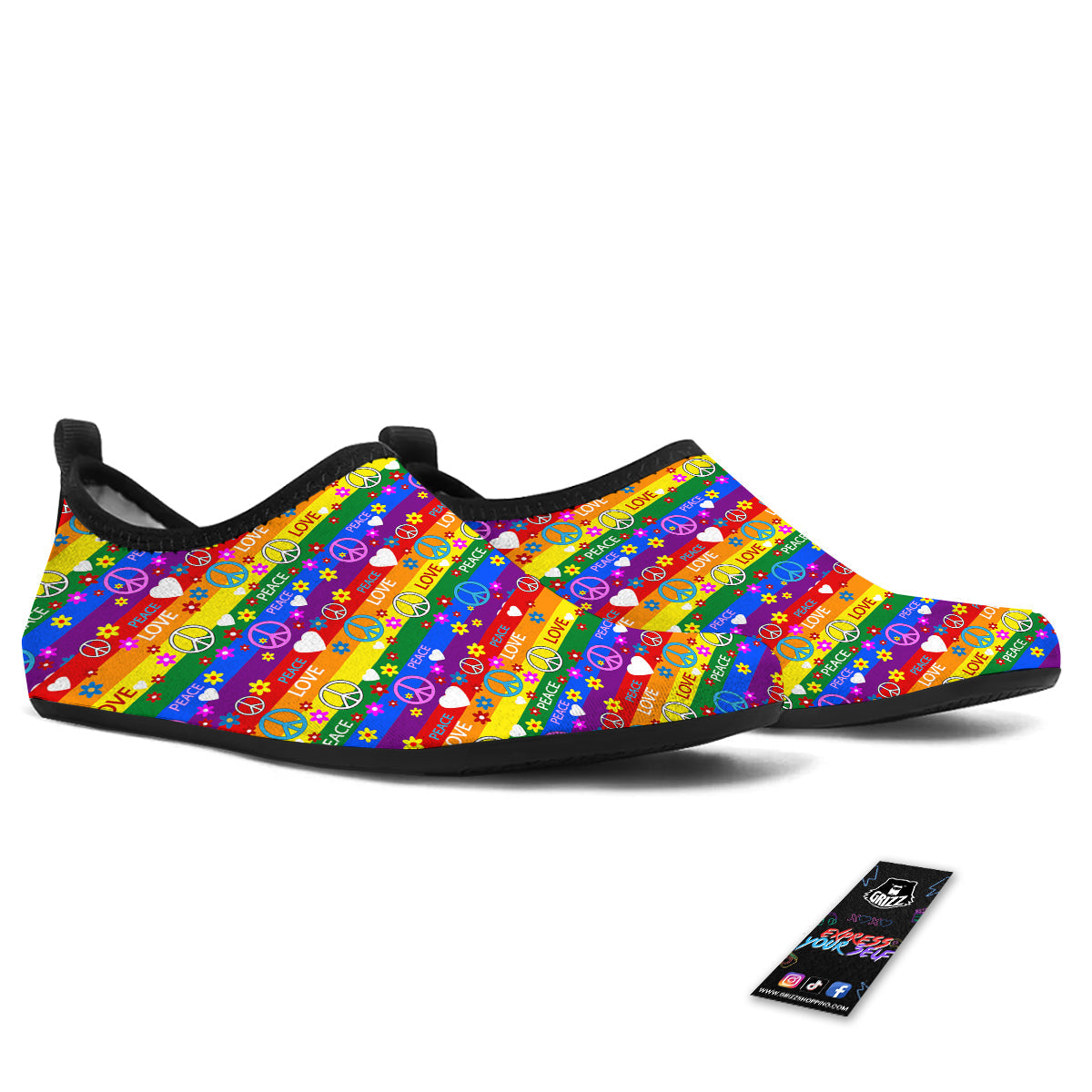 Symbols Of The Hippie And Rainbow Print Water Shoes-grizzshop