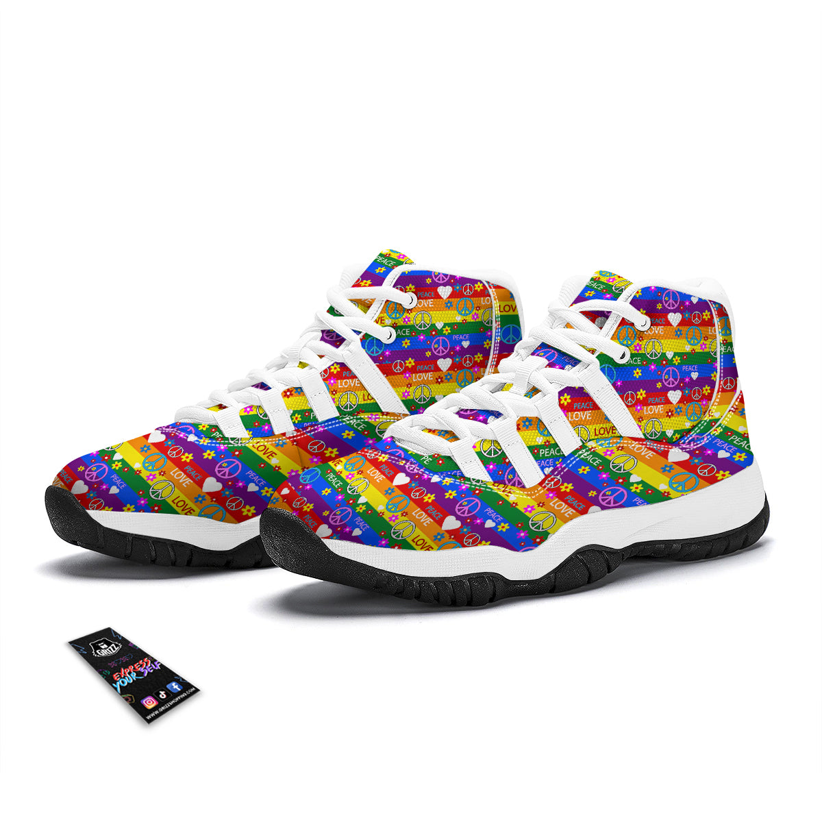 Symbols Of The Hippie And Rainbow Print White Bball Shoes-grizzshop