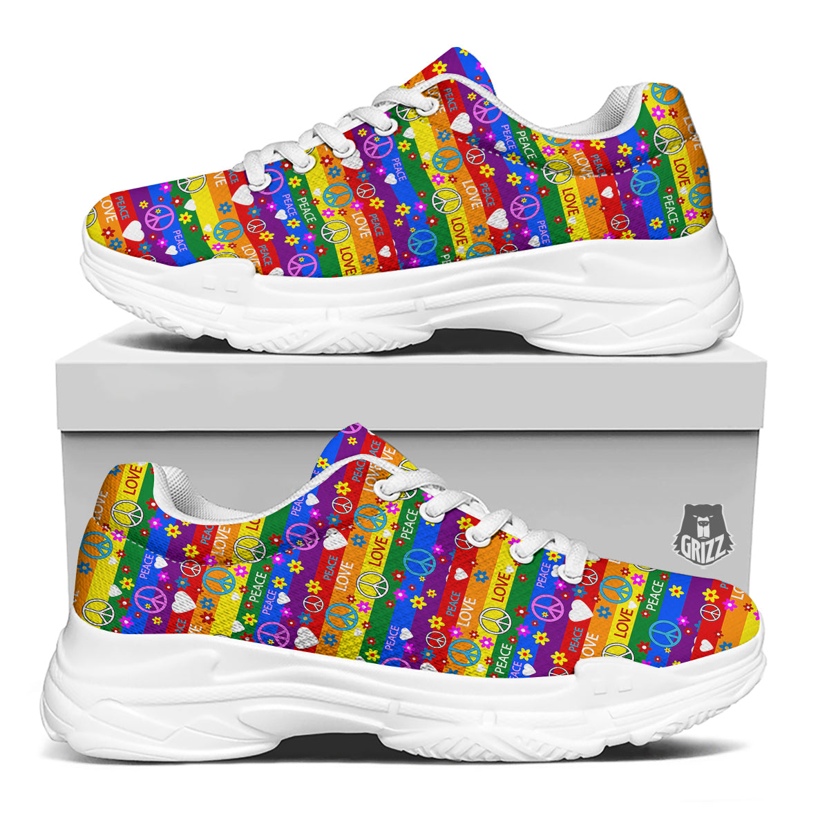 Symbols Of The Hippie And Rainbow Print White Chunky Shoes-grizzshop